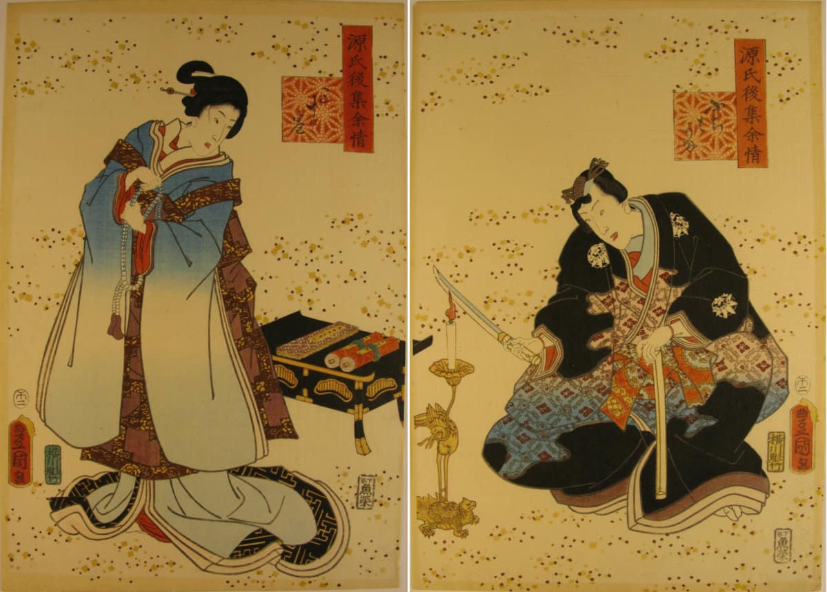 Kunisada / Toyokuni III - woodblock print - Lasting impressions of a late Genji collection - Chapter 30 - diptych