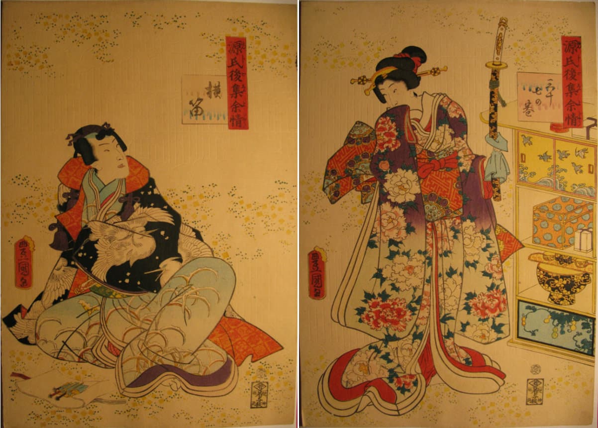 Kunisada / Toyokuni III - woodblock print - Lasting impressions of a late Genji collection - Chapter 37 - diptych