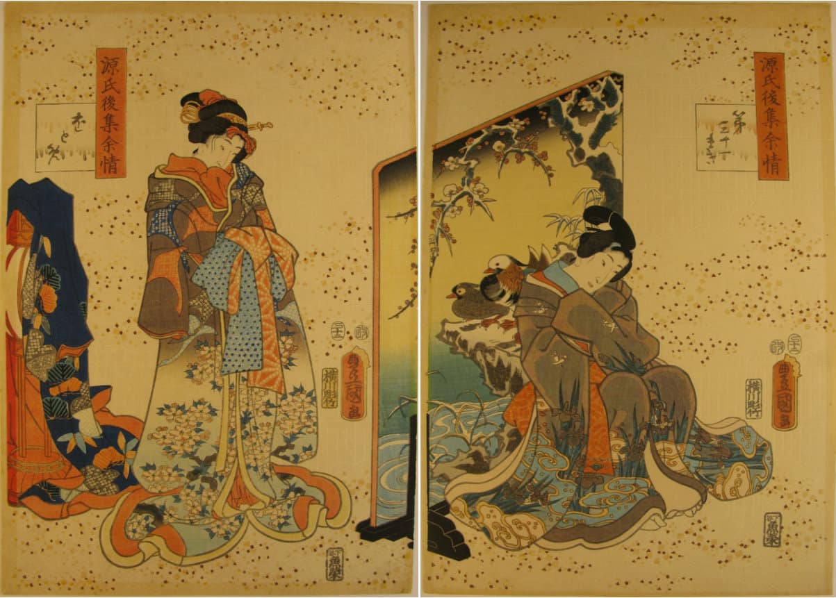 Kunisada / Toyokuni III - woodblock print - Lasting impressions of a late Genji collection - Chapter 31 - diptych