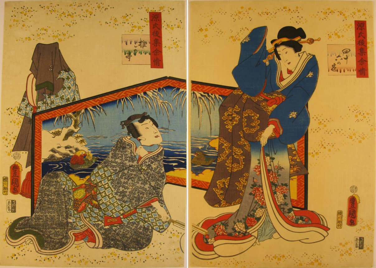 Kunisada / Toyokuni III - woodblock print - Lasting impressions of a late Genji collection - Chapter 46 - diptych