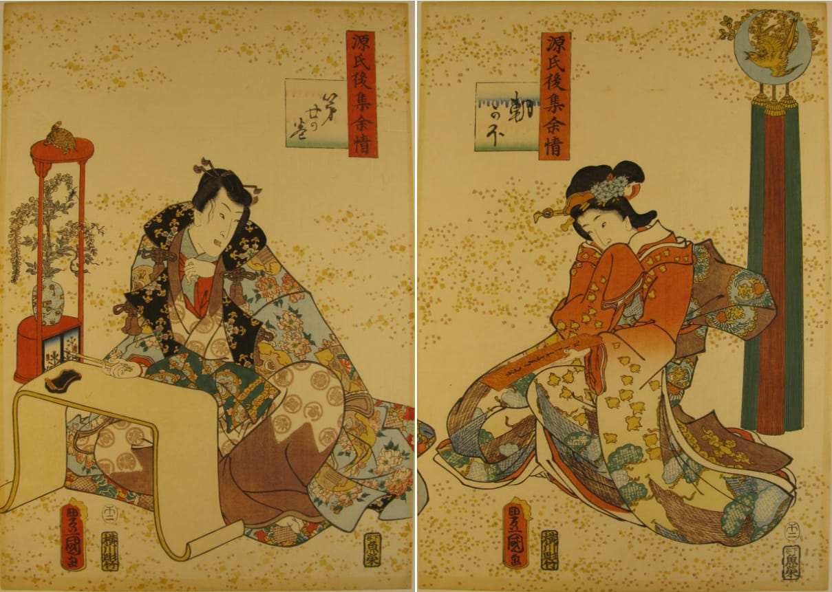 Kunisada / Toyokuni III - woodblock print - Lasting impressions of a late Genji collection - Chapter 20 - diptych