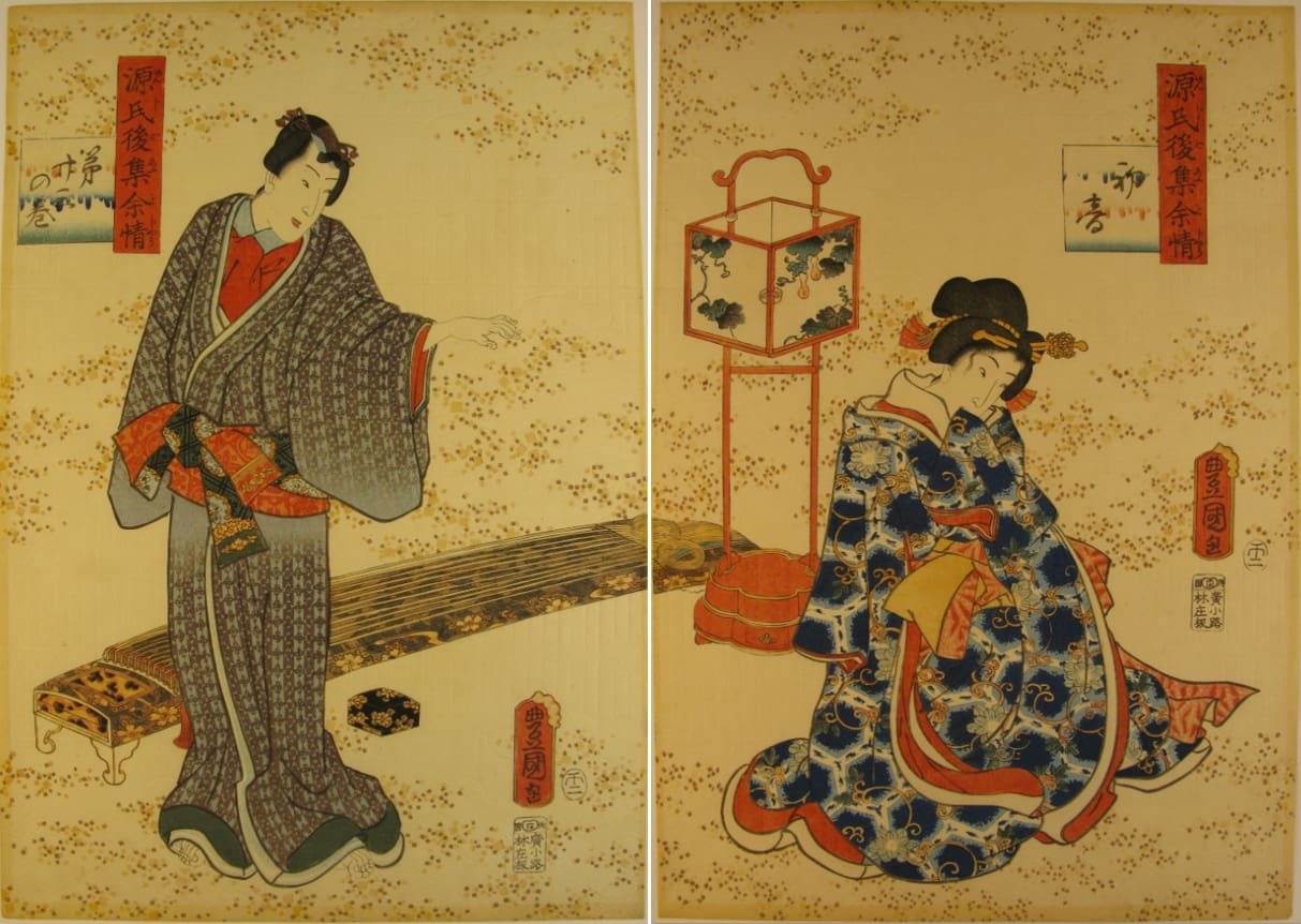 Kunisada / Toyokuni III - woodblock print - Lasting impressions of a late Genji collection - Chapter 23 - diptych
