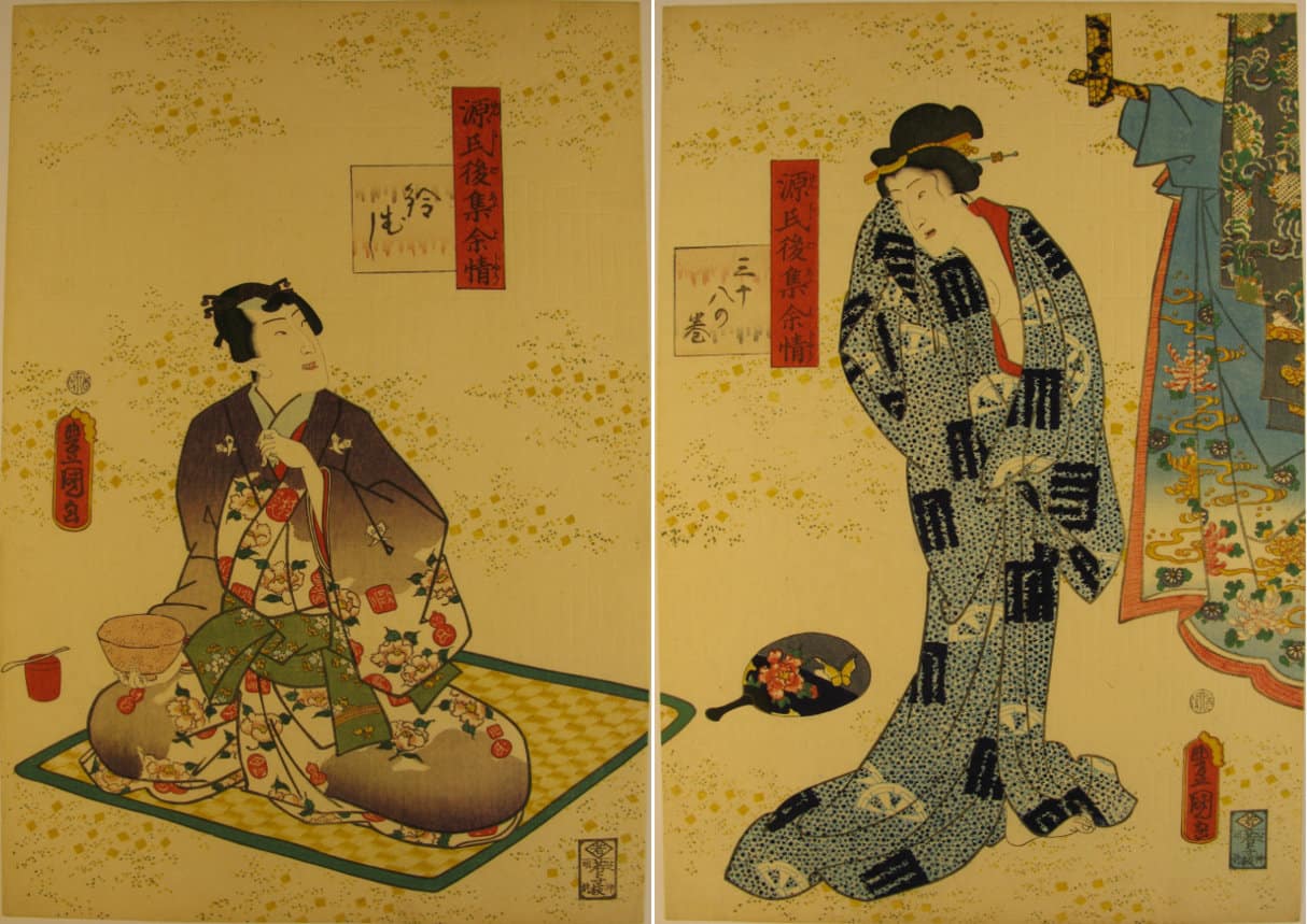 Kunisada / Toyokuni III - woodblock print - Lasting impressions of a late Genji collection - Chapter 38 - diptych