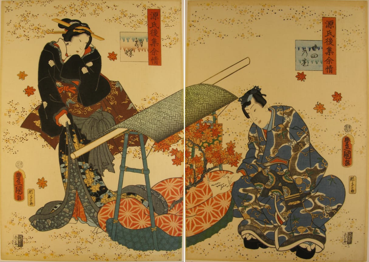 Kunisada / Toyokuni III - woodblock print - Lasting impressions of a late Genji collection - Chapter 24 - diptych