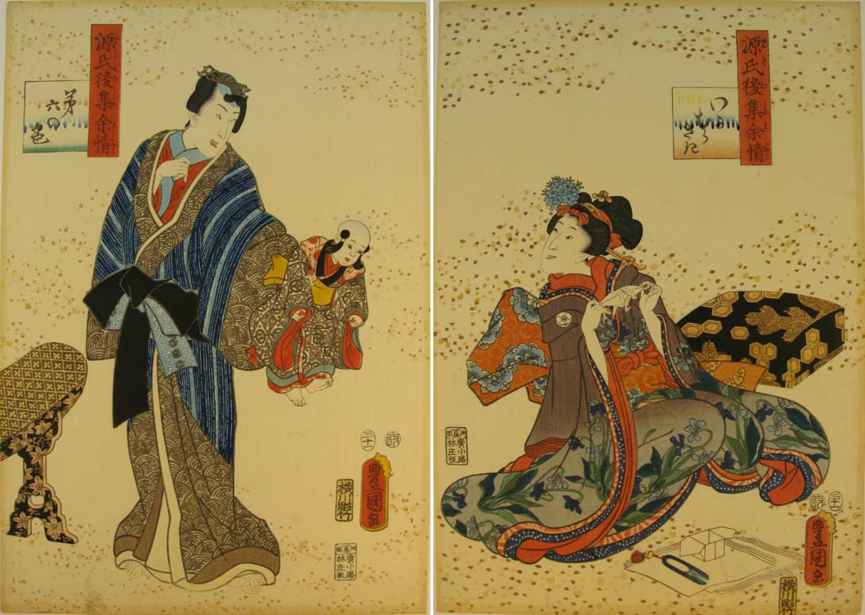 Kunisada / Toyokuni III - woodblock print - Lasting impressions of a late Genji collection - Chapter 6 - diptych
