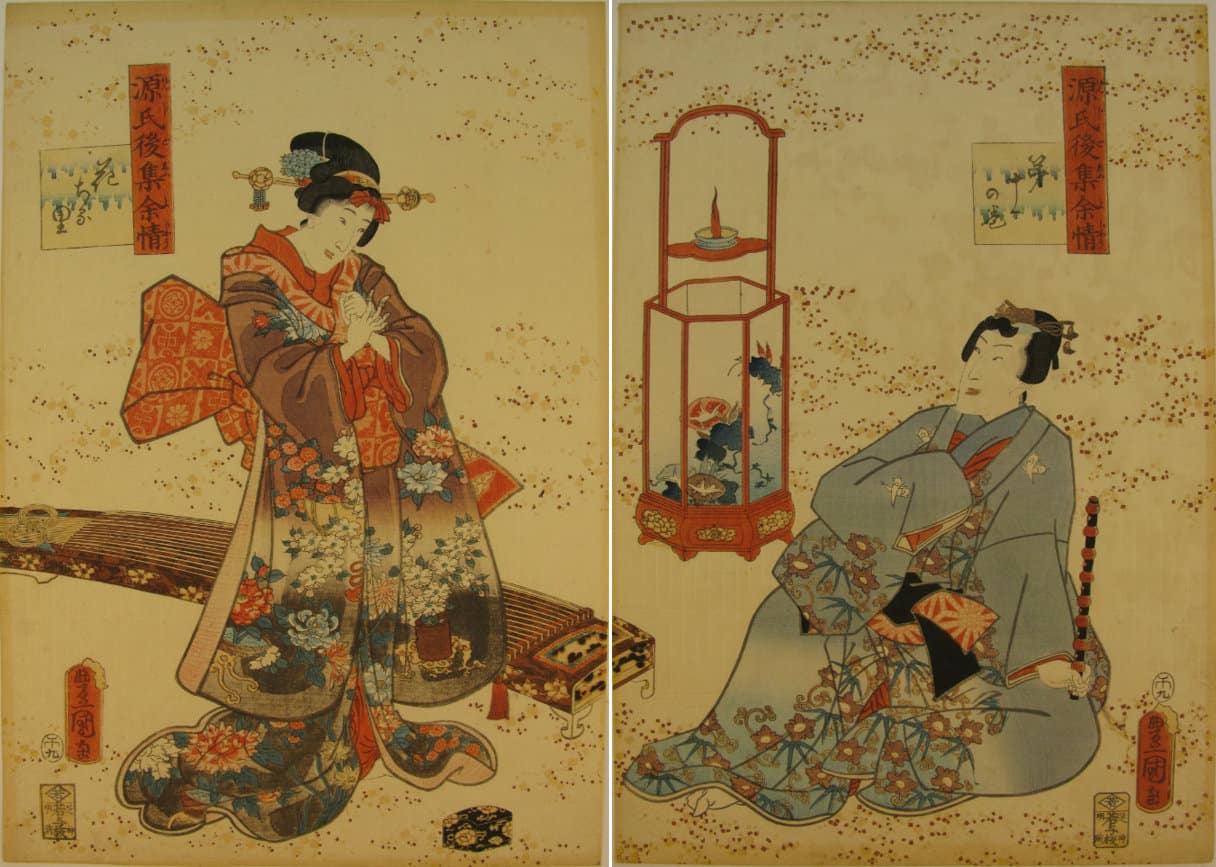 Kunisada / Toyokuni III - woodblock print - Lasting impressions of a late Genji collection - Chapter 11 - diptych
