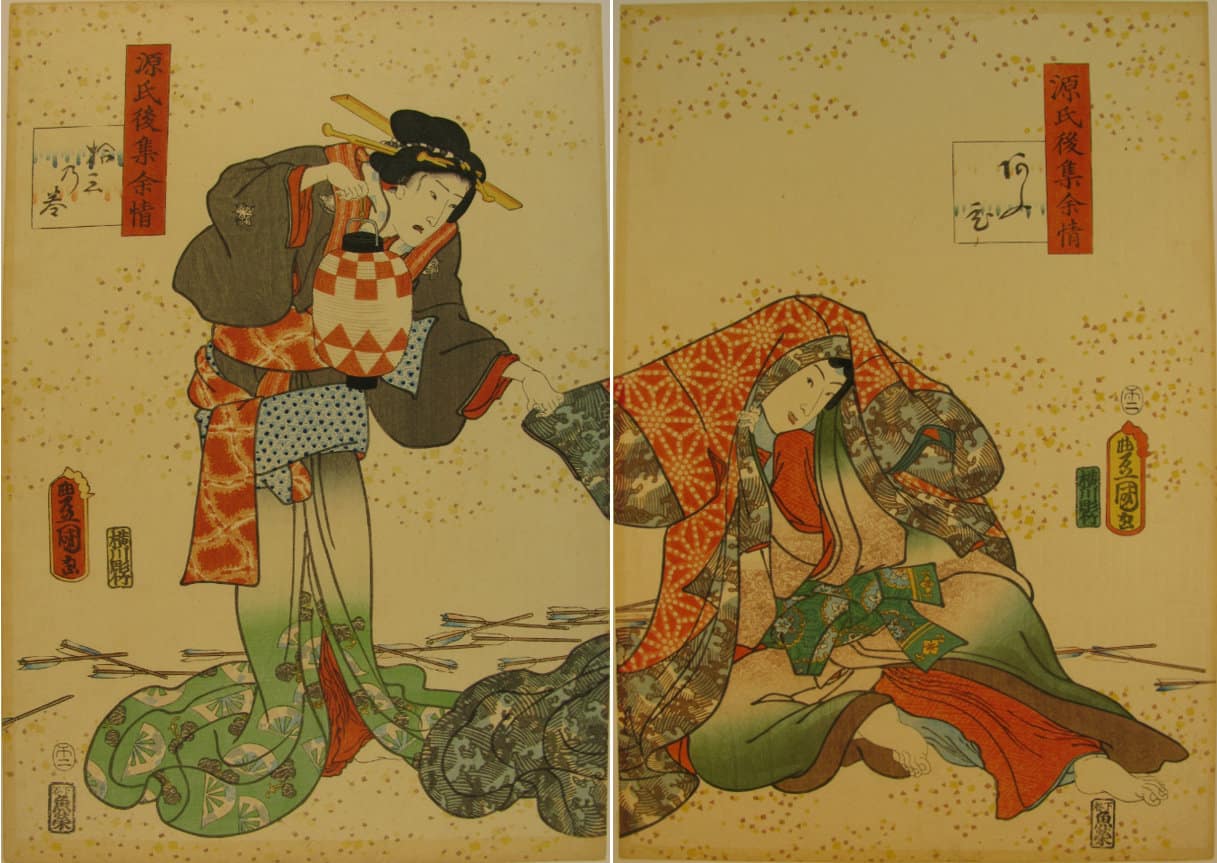 Kunisada / Toyokuni III - woodblock print - Lasting impressions of a late Genji collection - Chapter 13 - diptych