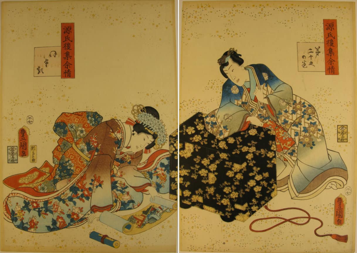 Kunisada / Toyokuni III - woodblock print - Lasting impressions of a late Genji collection - Chapter 25 - diptych