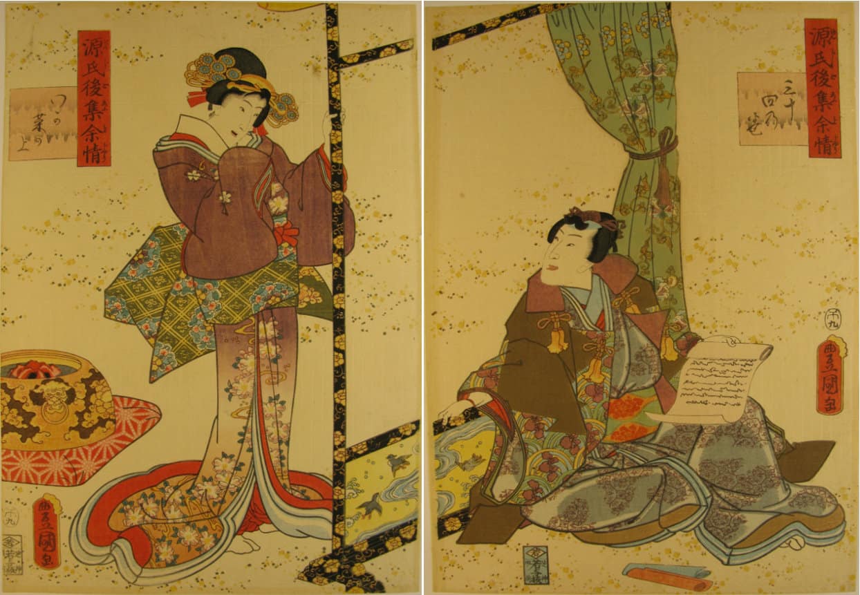 Kunisada / Toyokuni III - woodblock print - Lasting impressions of a late Genji collection - Chapter 34 - diptych
