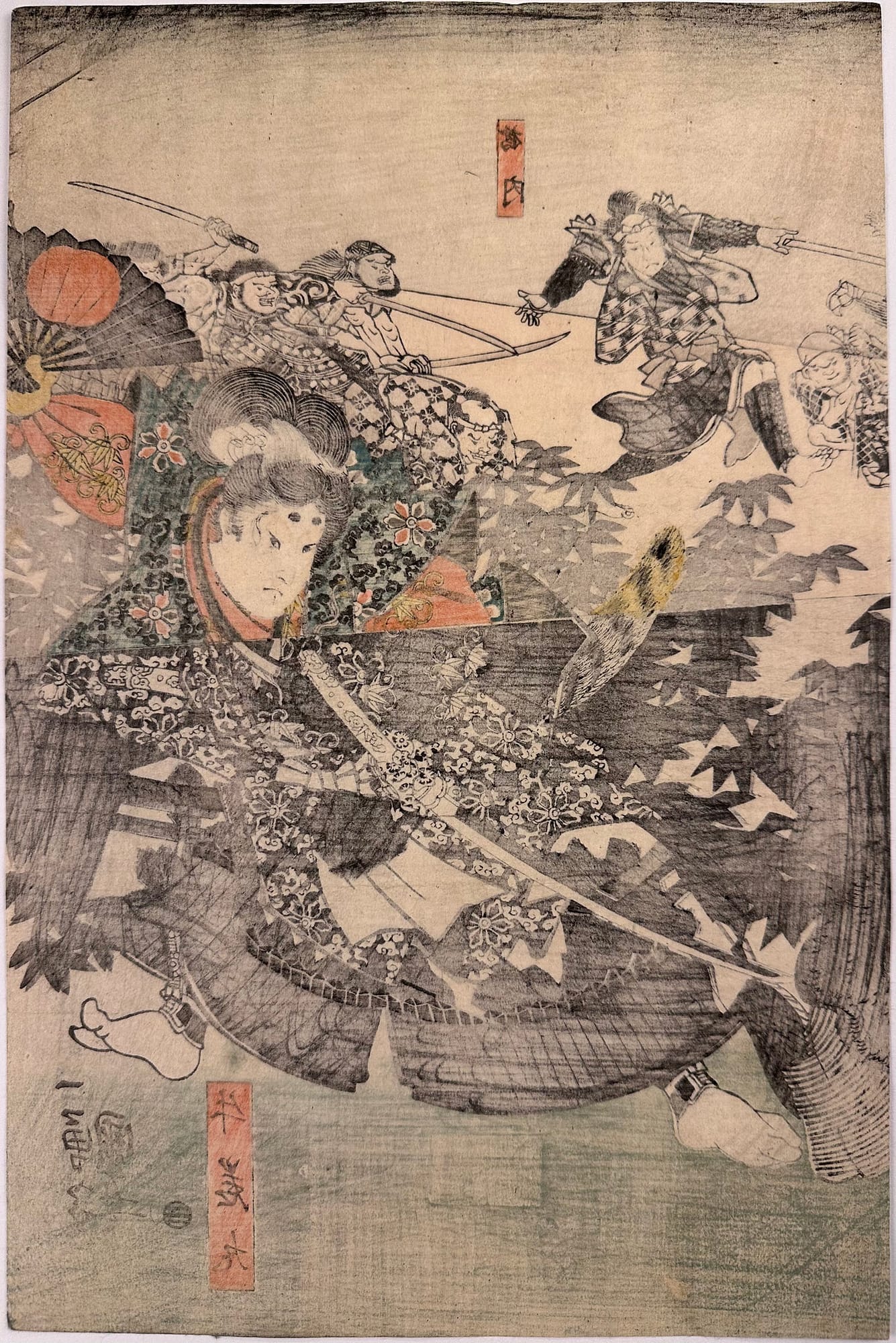 Kuniysohi woodblock print Yoshitsune fighting Chohan at the inn verso