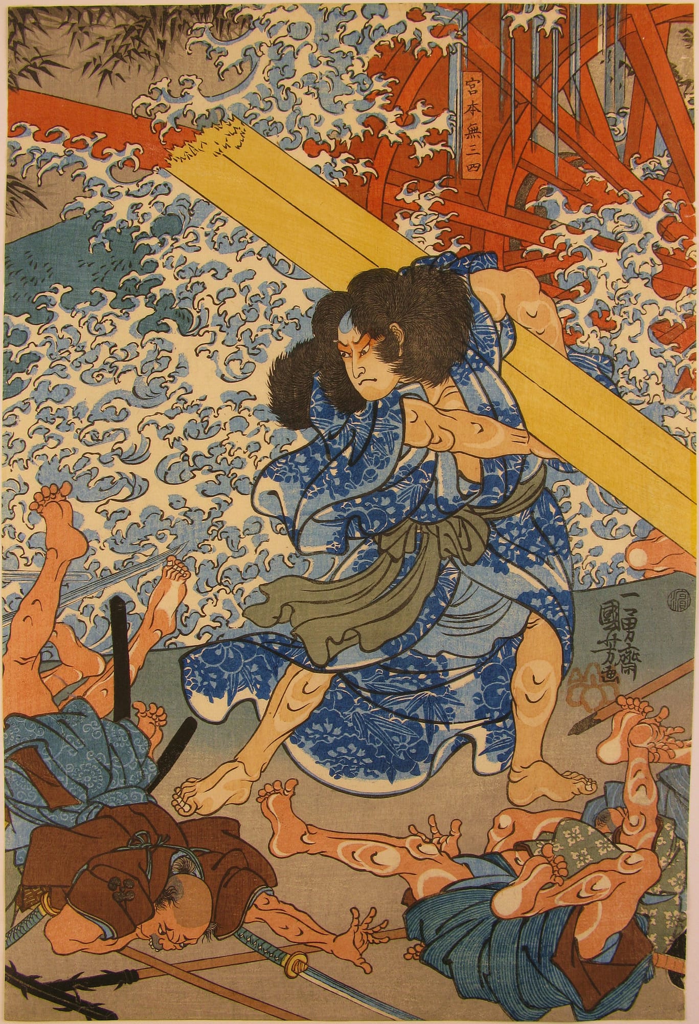 Kuniyoshi woodblock print - triptych - Mountain mist - front