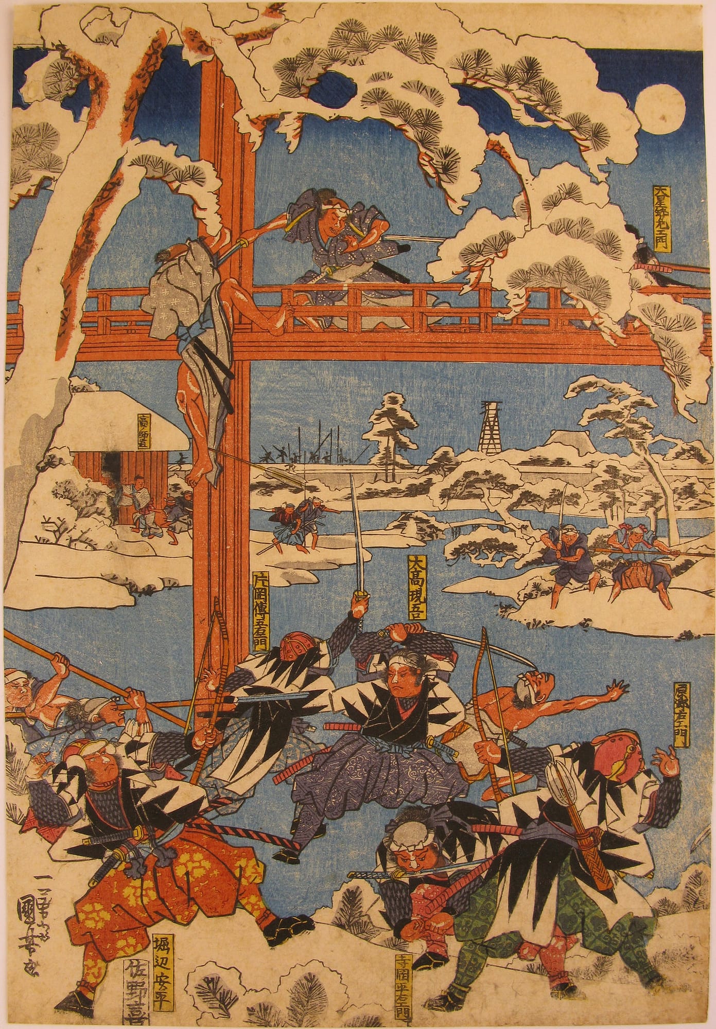 kuniyoshi woodblock print triptych 47 ronin night attack front