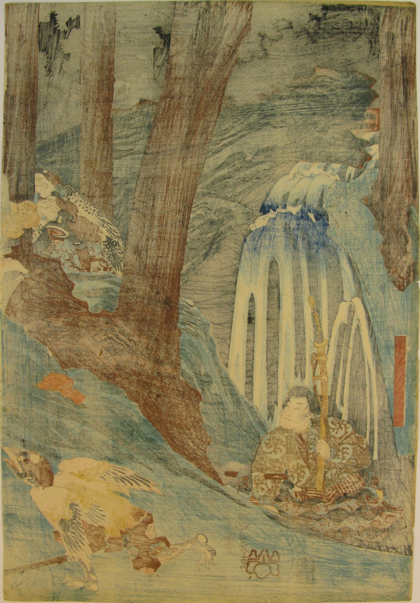 Kuniyoshi woodblock print - Ushiwaka Maru Studies the Martial Arts with Sôjô-bô - verso