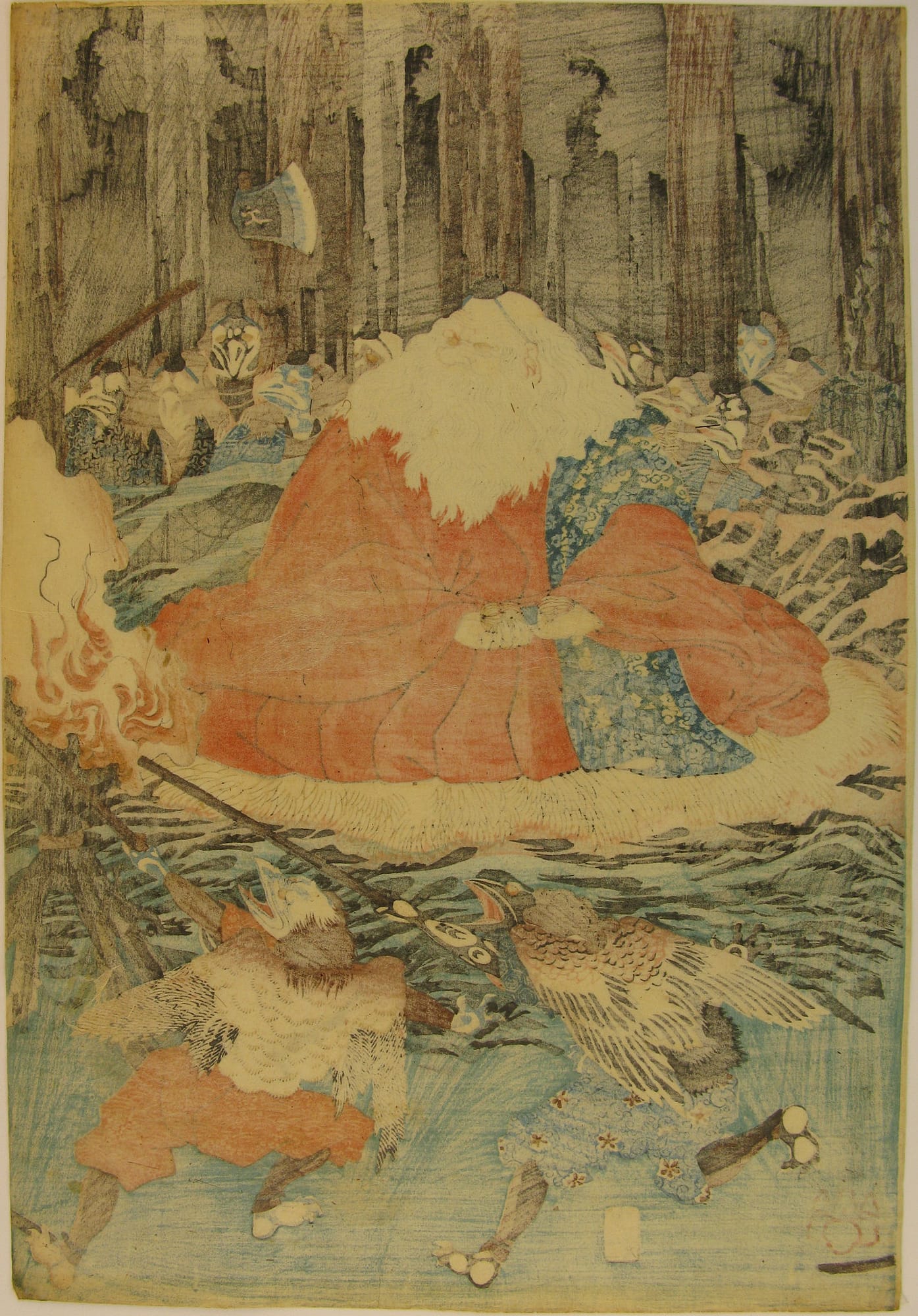 Kuniyoshi woodblock print - Ushiwaka Maru Studies the Martial Arts with Sôjô-bô - verso
