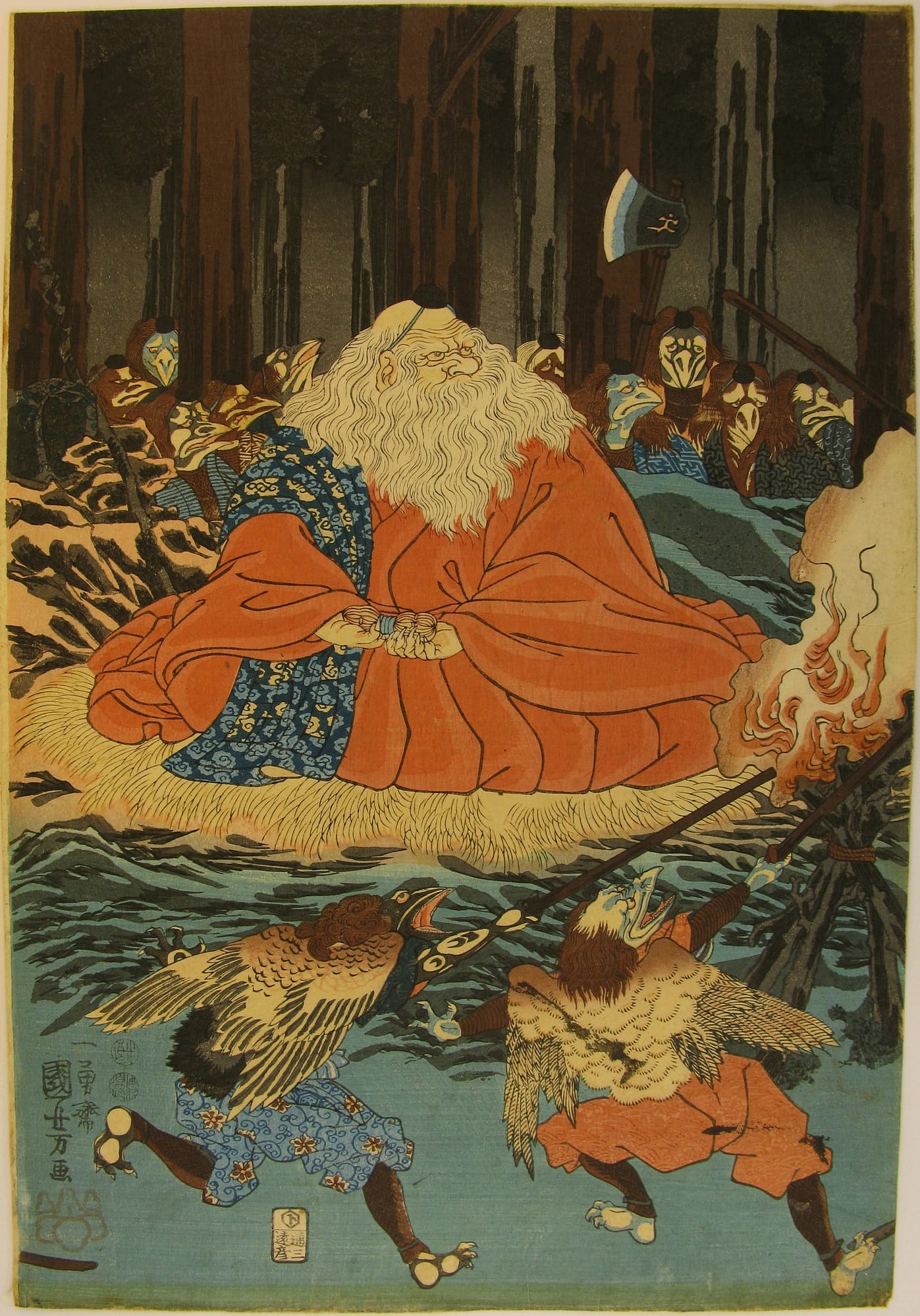 Kuniyoshi woodblock print - Ushiwaka Maru Studies the Martial Arts with Sôjô-bô - front