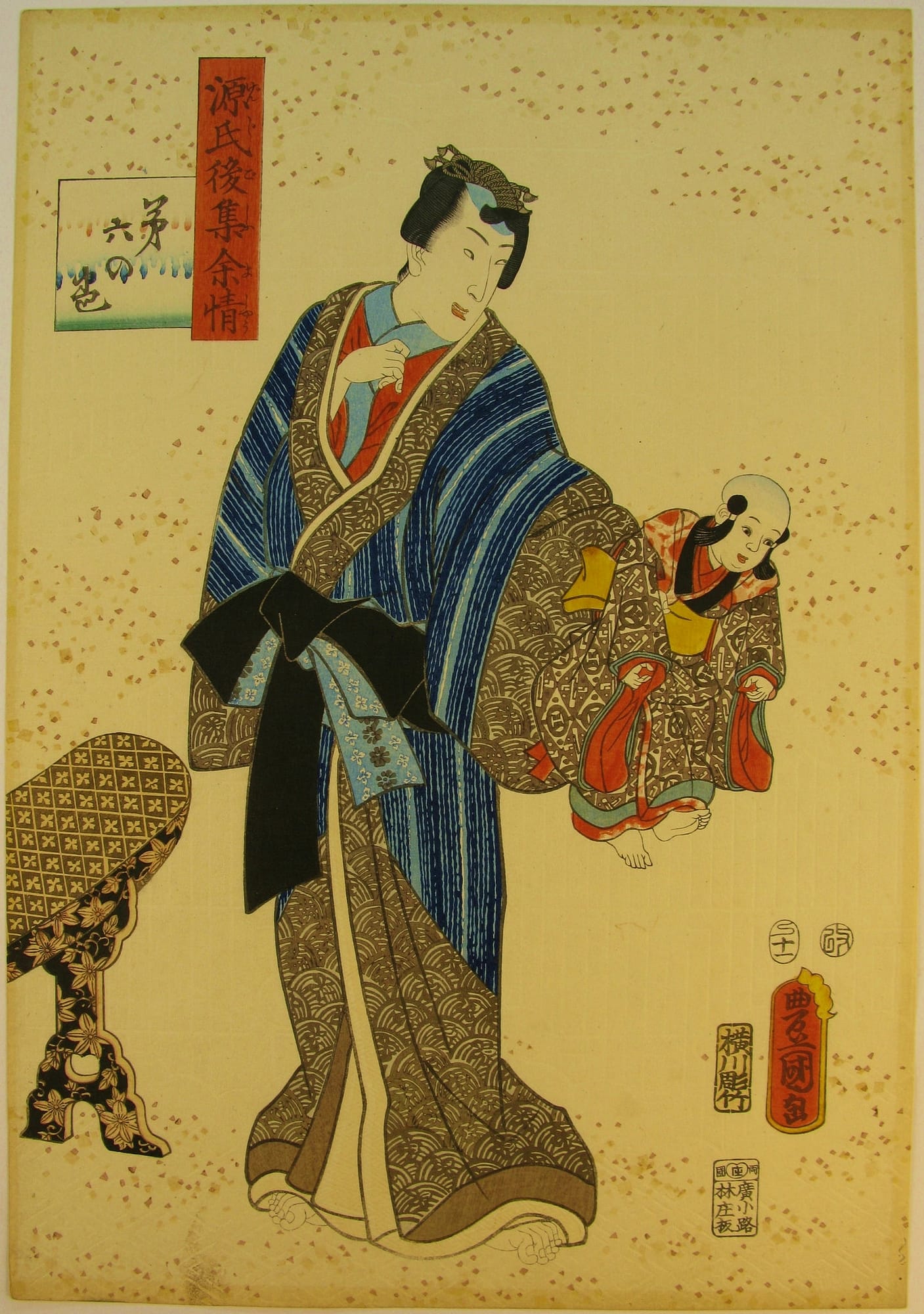 Kunisada / Toyokuni III - woodblock print - Lasting impressions of a late Genji collection - Chapter 6 - front left