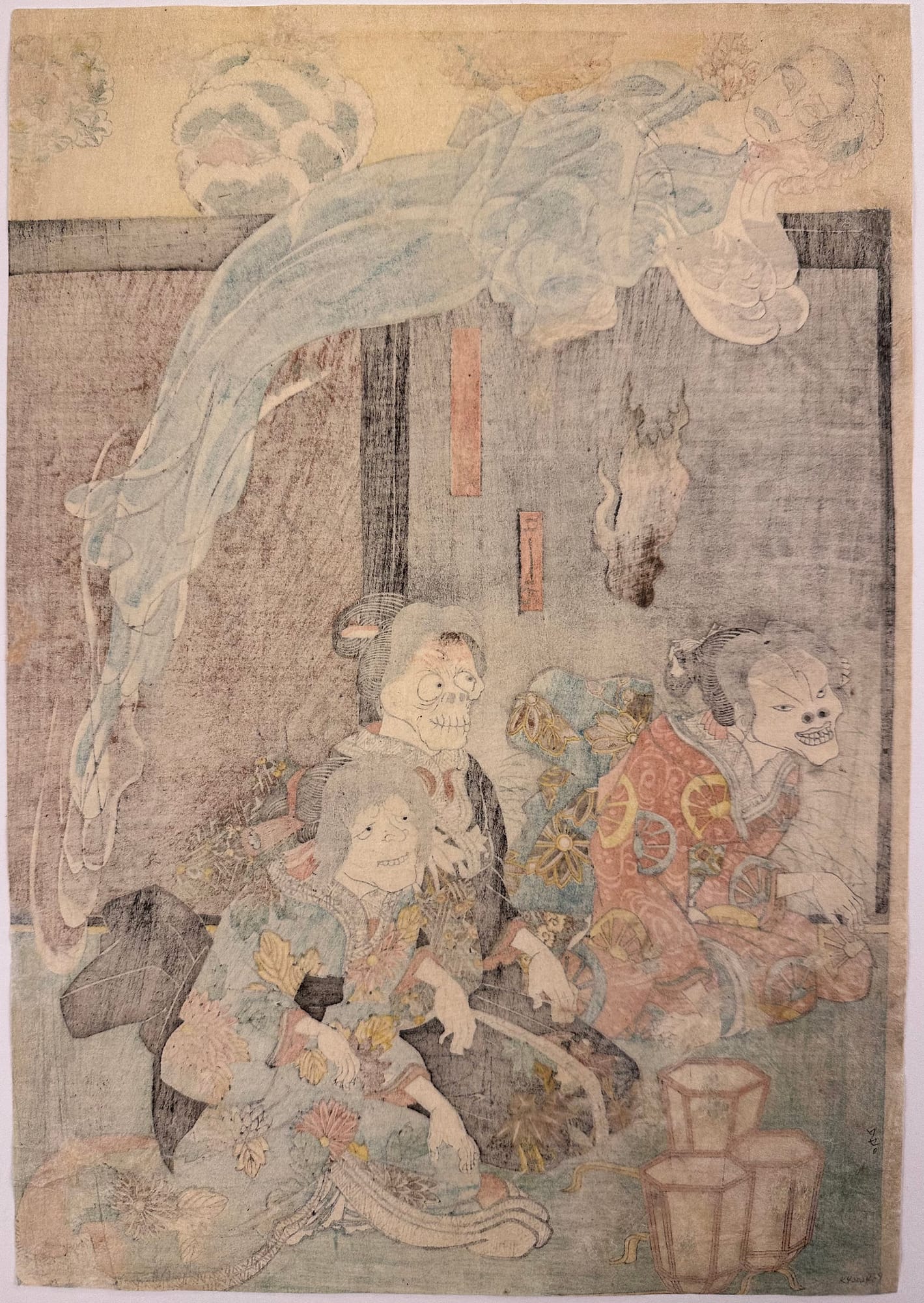 Kuniyoshi - woodblock print - Ghost of Asakura Togo - triptych - verso
