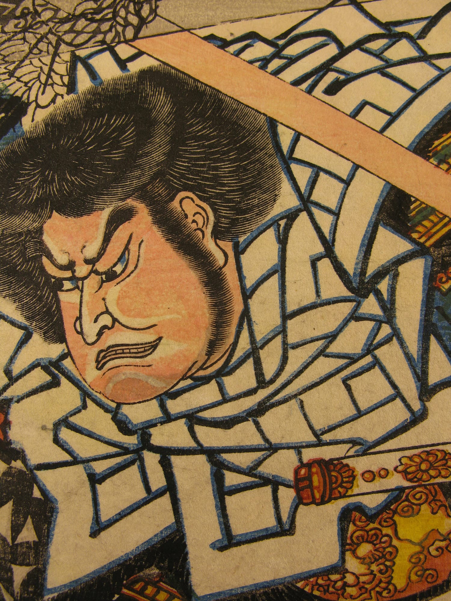 Kuniysohi woodblock print Yoshitsune fighting Chohan at the inn detail