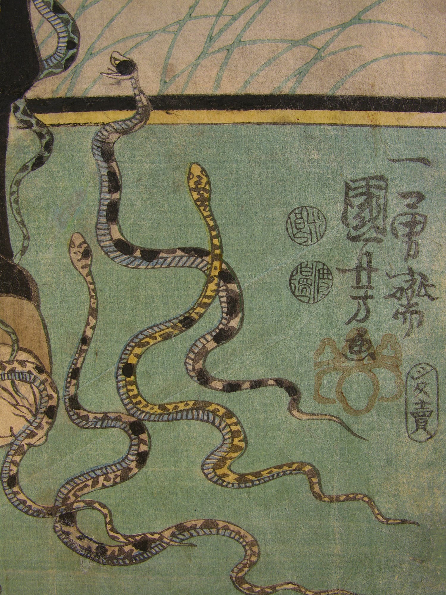 Kuniyoshi - woodblock print - Ghost of Asakura Togo - triptych - signature