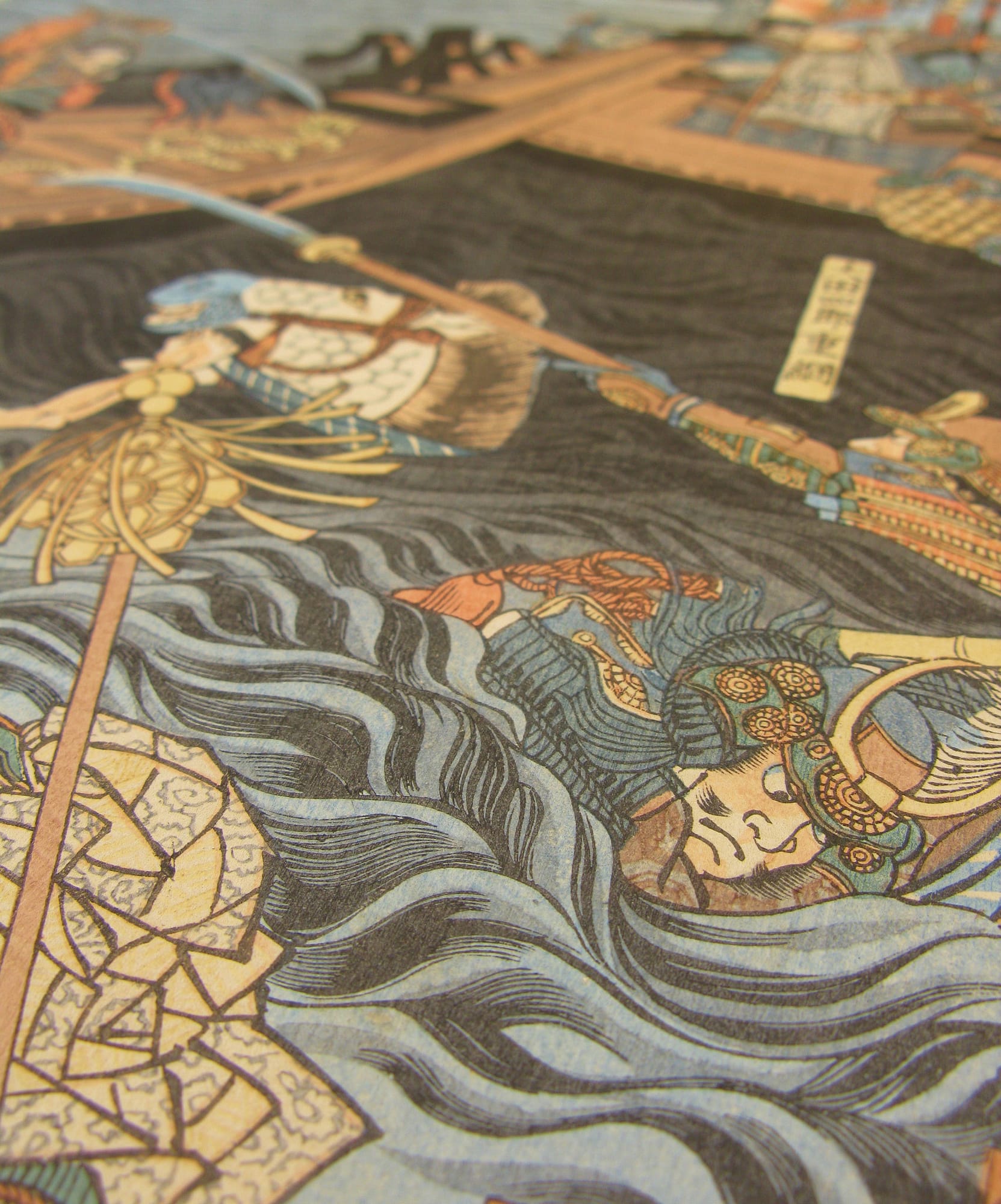 Kuniyoshi woodblock print - triptych - Yoshitsune retrieving his bow - detail 2