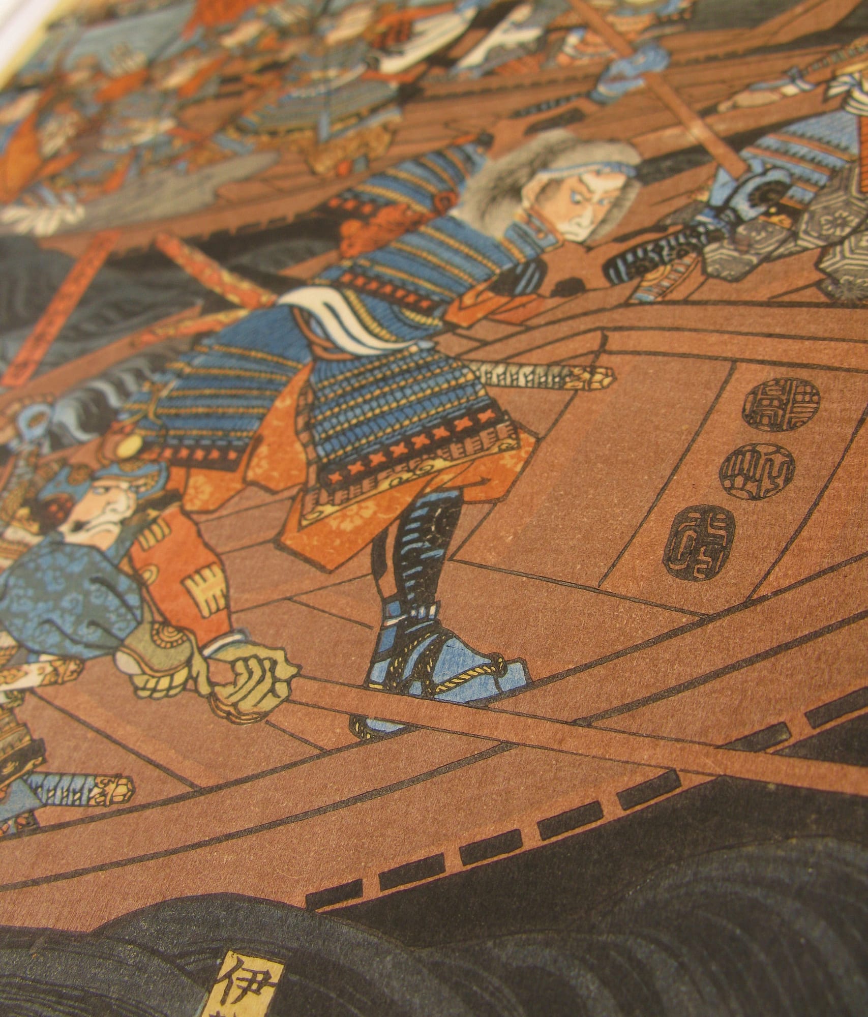 Kuniyoshi woodblock print - triptych - Yoshitsune retrieving his bow - detail 3