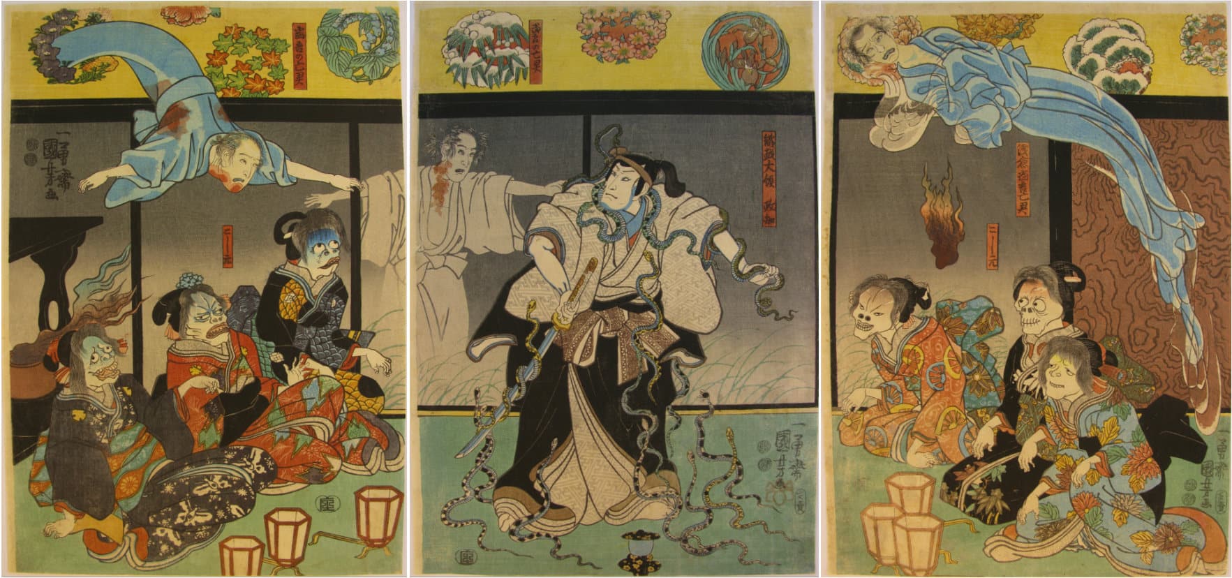 Kuniyoshi - woodblock print - Ghost of Asakura Togo - triptych