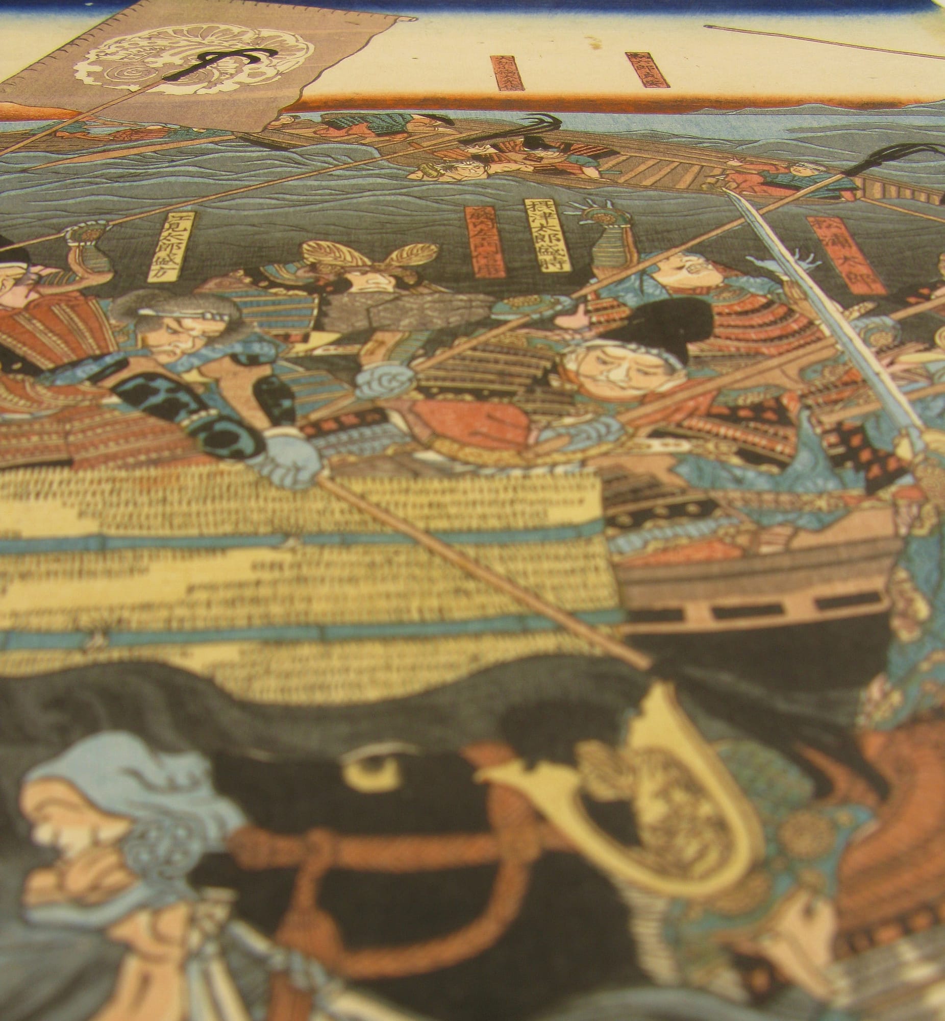 Kuniyoshi woodblock print - triptych - Yoshitsune retrieving his bow - detail 4