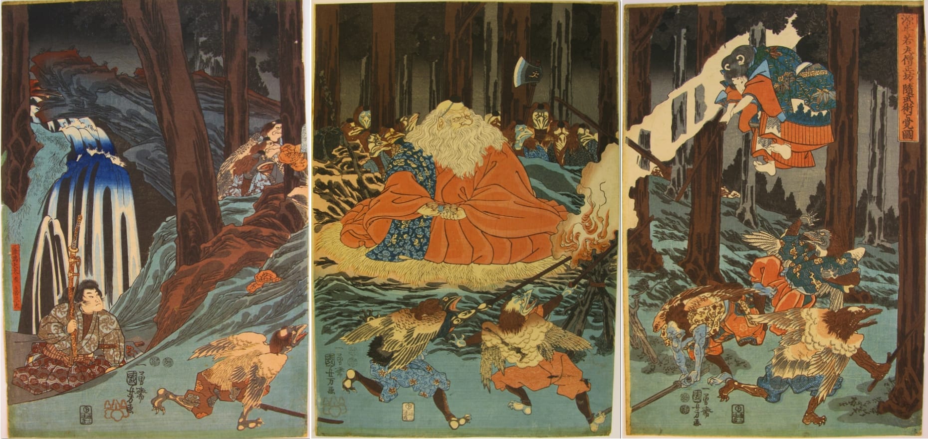 Kuniyoshi woodblock print - Ushiwaka Maru Studies the Martial Arts with Sôjô-bô - tritpych