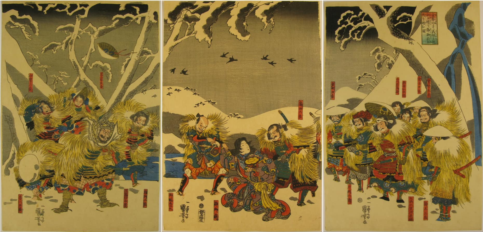 Kuniyoshi - Yoshitsune and his retainers at Mount Yoshino - triptych