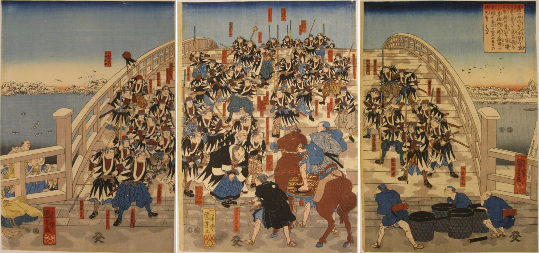 kuniyoshi woodblock print triptych 47 ronin crossing bridge T209