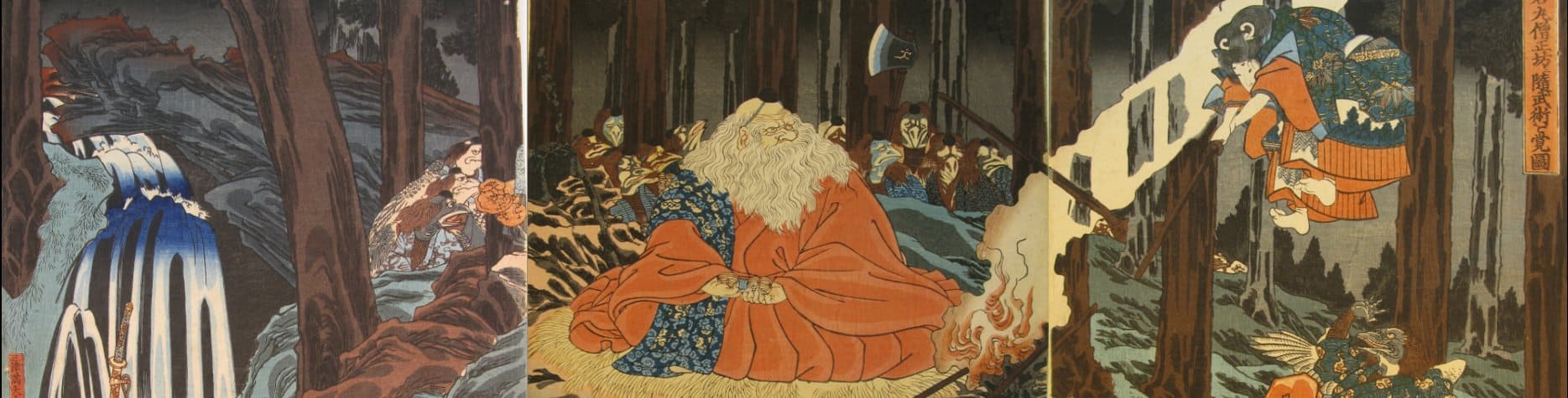 Kuniyoshi woodblock print Yoshitsune training with tengu