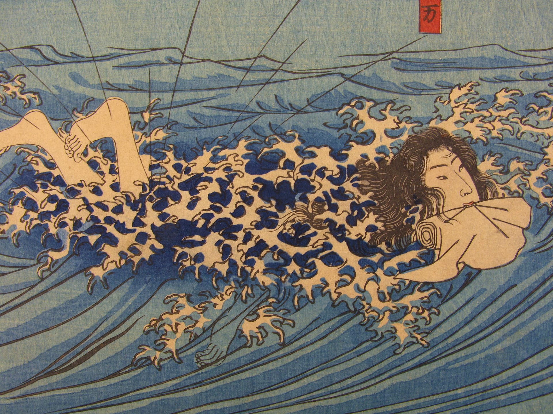 Kuniyoshi woodblock print - triptych - Returning sails - detail 01