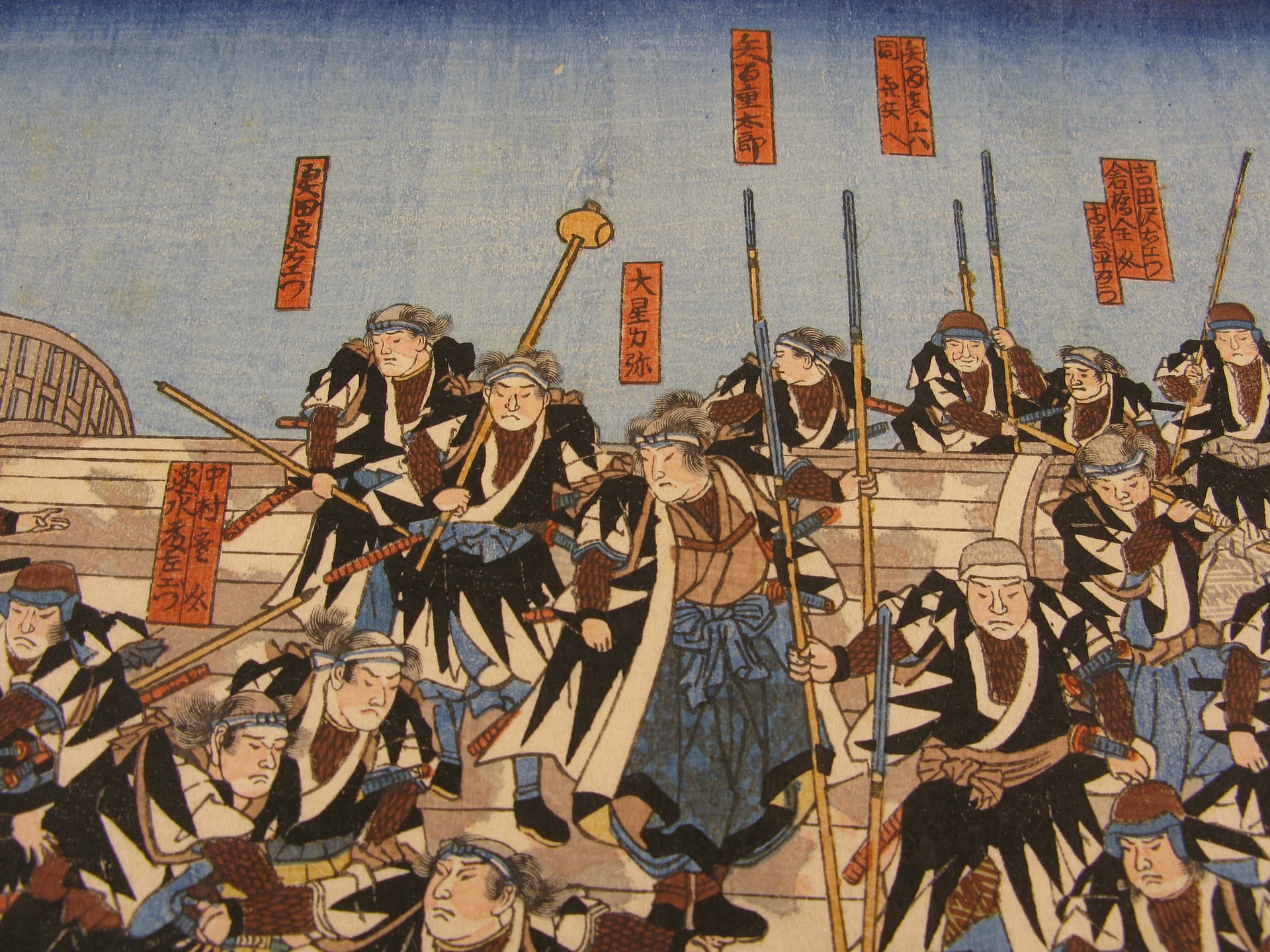 Kuniyoshi woodblock print 47 ronin cross the bridge - detail1