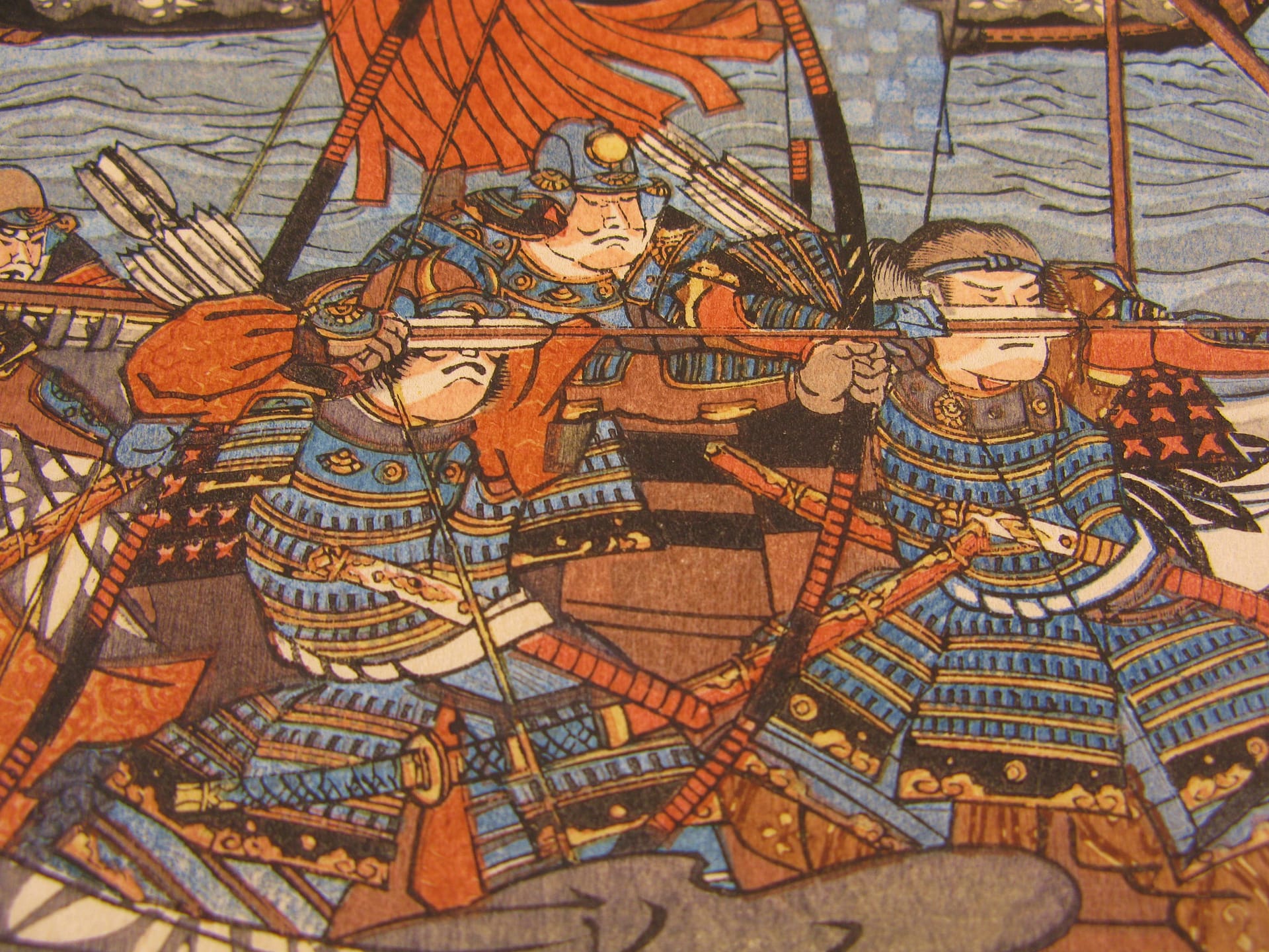 Kuniyoshi woodblock print - triptych - Yoshitsune retrieving his bow - detail 1