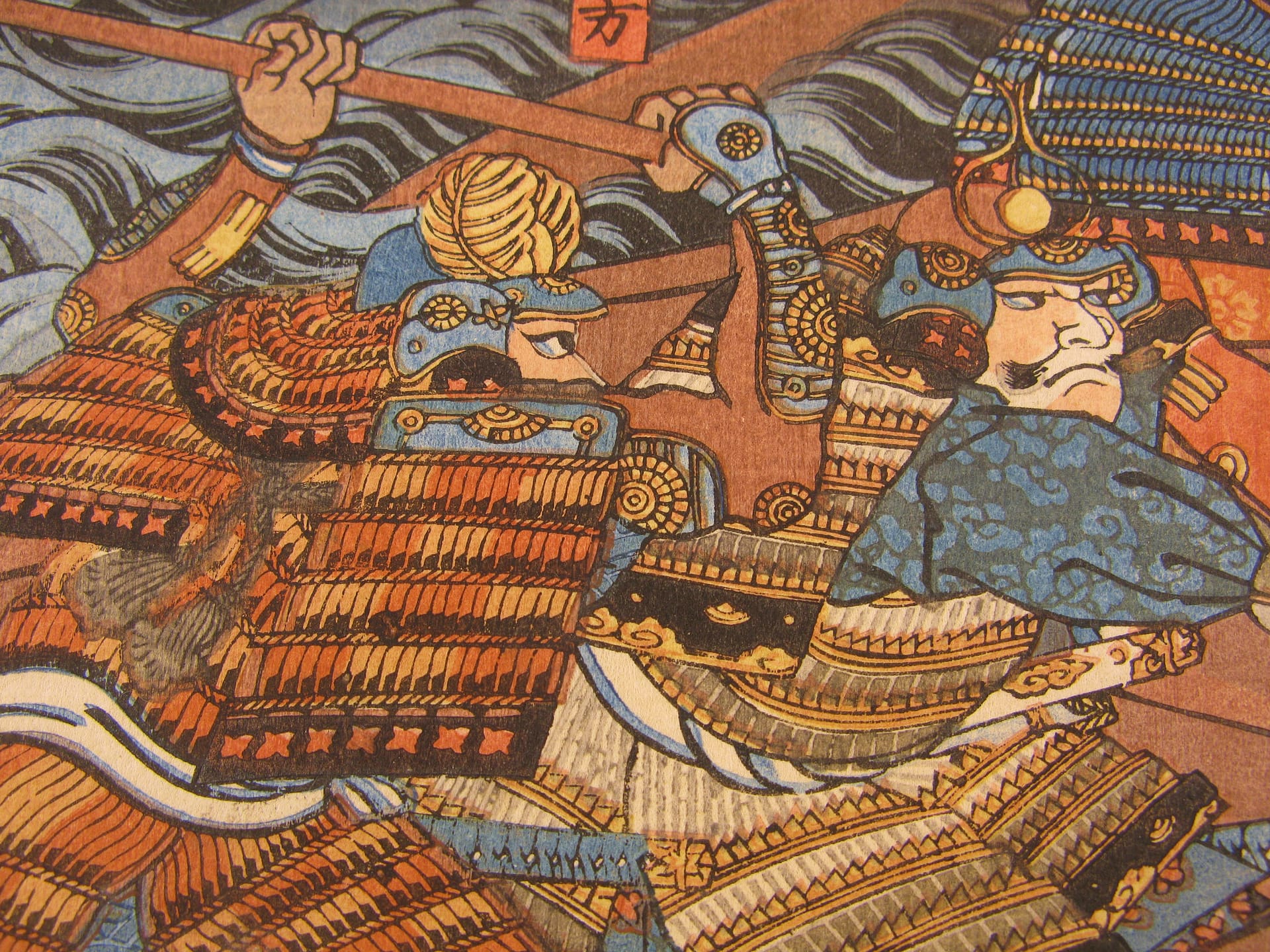 Kuniyoshi woodblock print - triptych - Yoshitsune retrieving his bow - detail 2