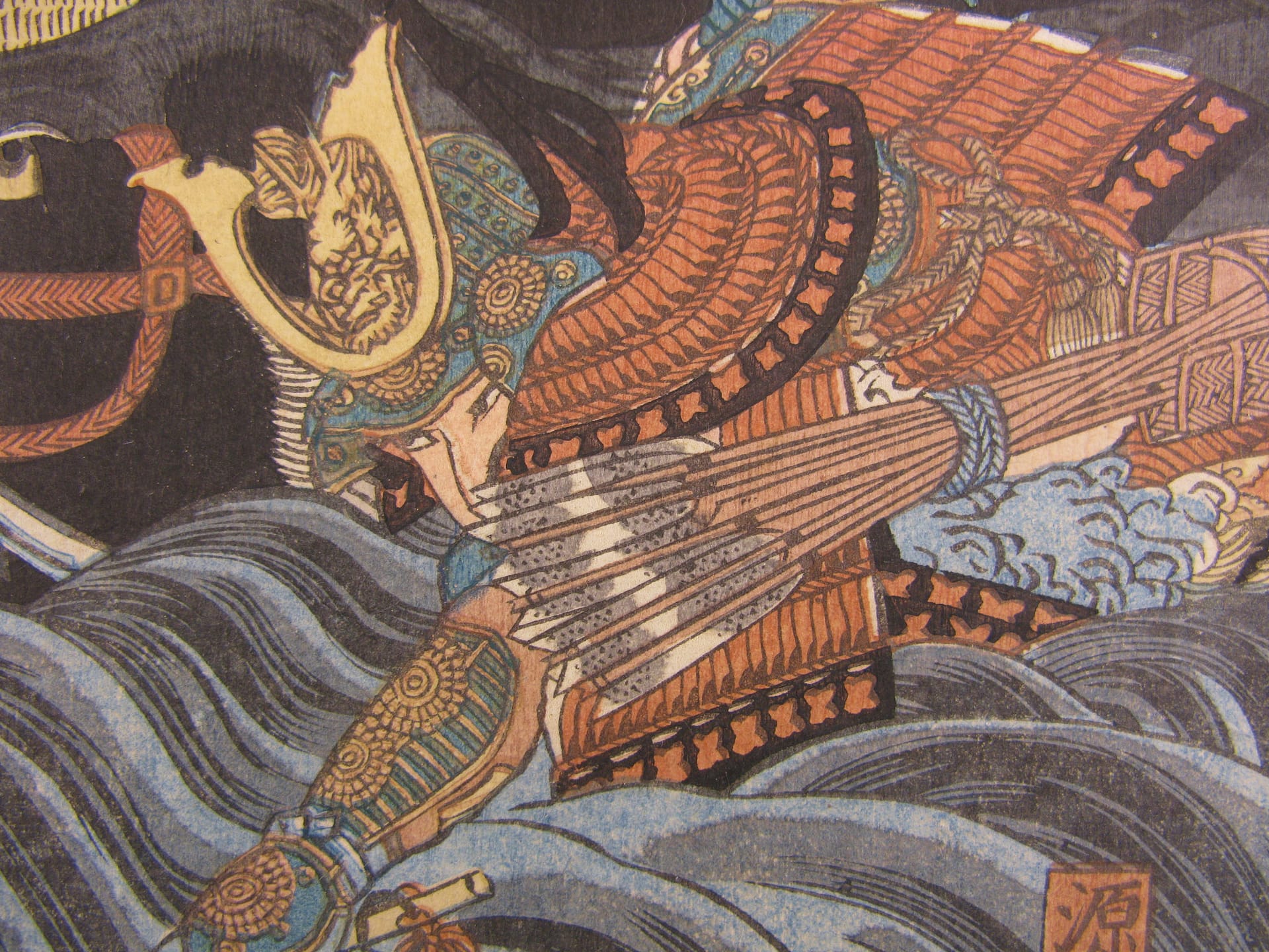 Kuniyoshi woodblock print - triptych - Yoshitsune retrieving his bow - detail 1