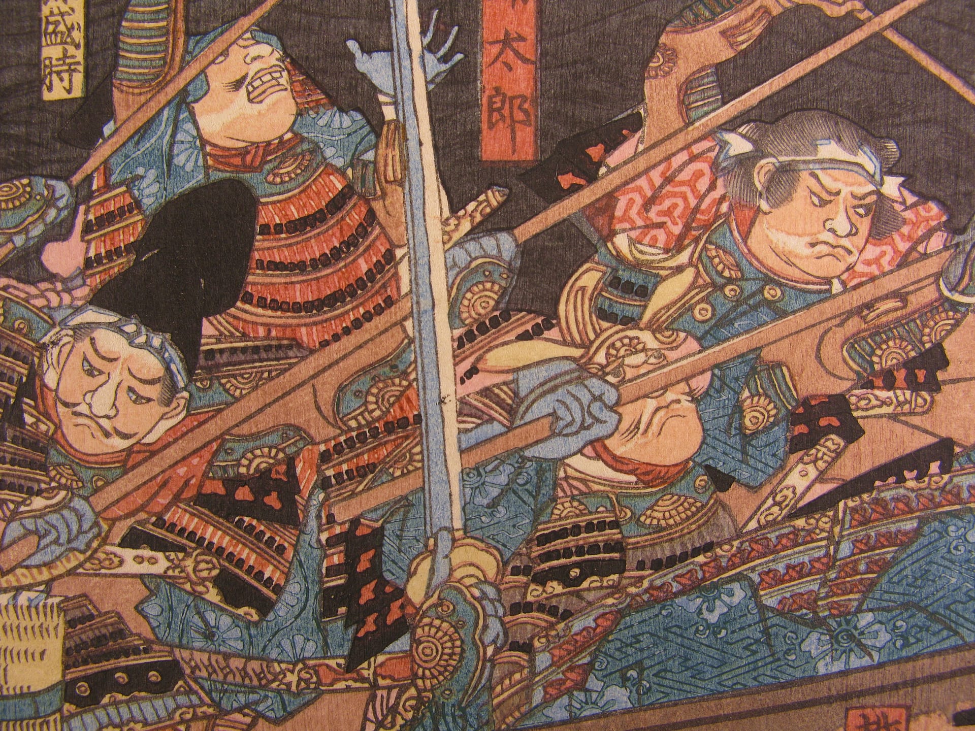 Kuniyoshi woodblock print - triptych - Yoshitsune retrieving his bow - detail 2