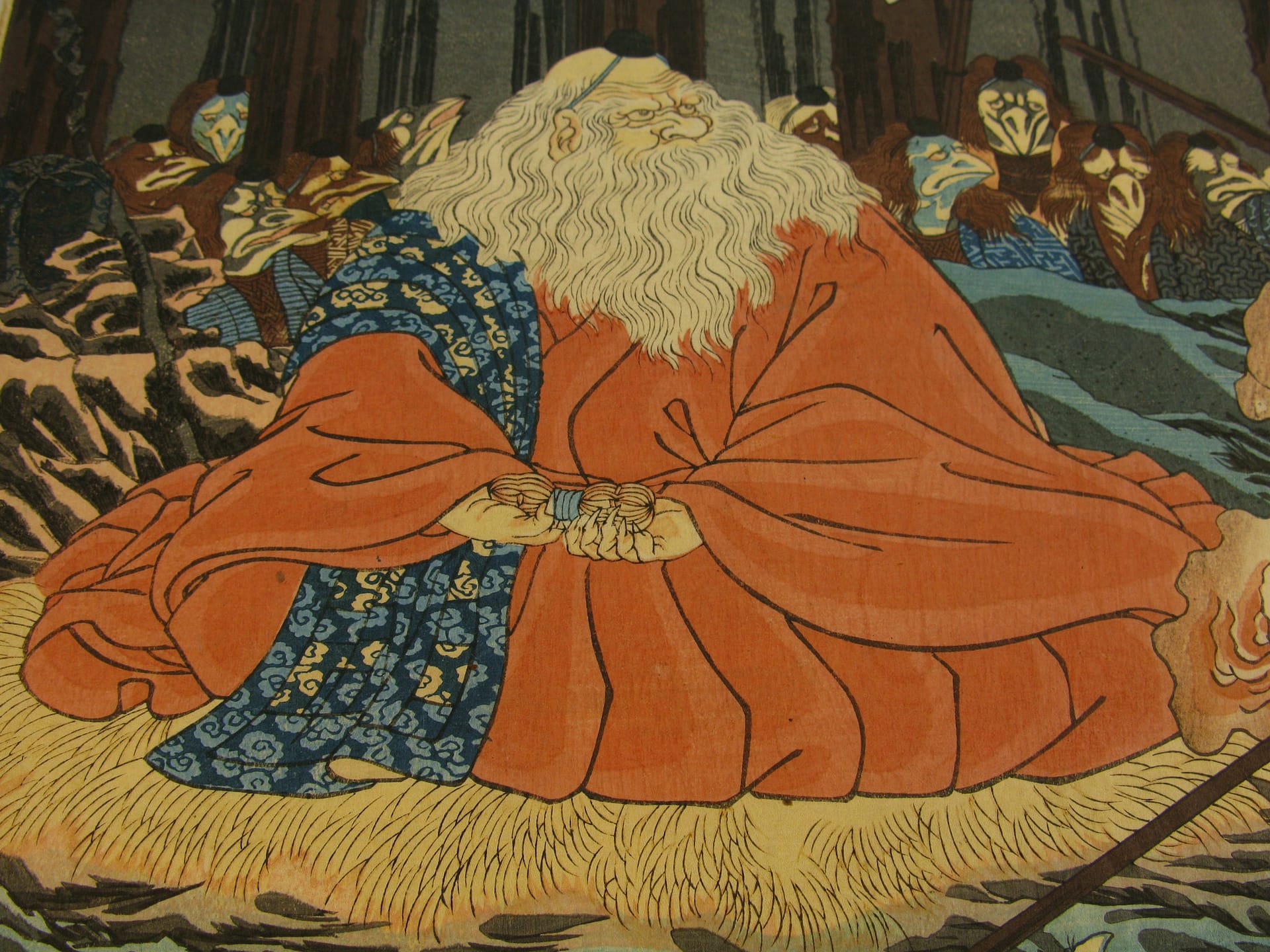 Kuniyoshi woodblock print - Ushiwaka Maru Studies the Martial Arts with Sôjô-bô - detail 01