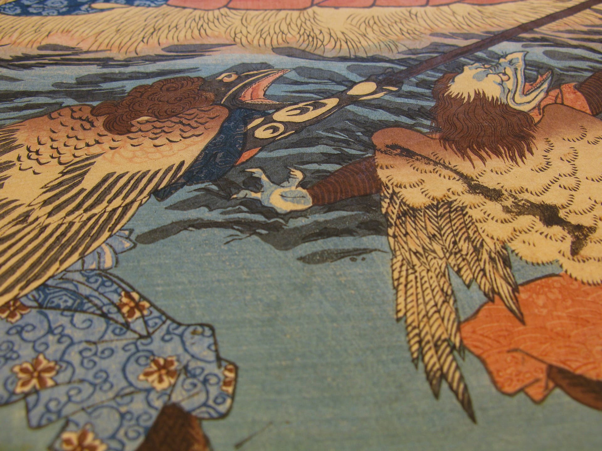 Kuniyoshi woodblock print - Ushiwaka Maru Studies the Martial Arts with Sôjô-bô - detail 02