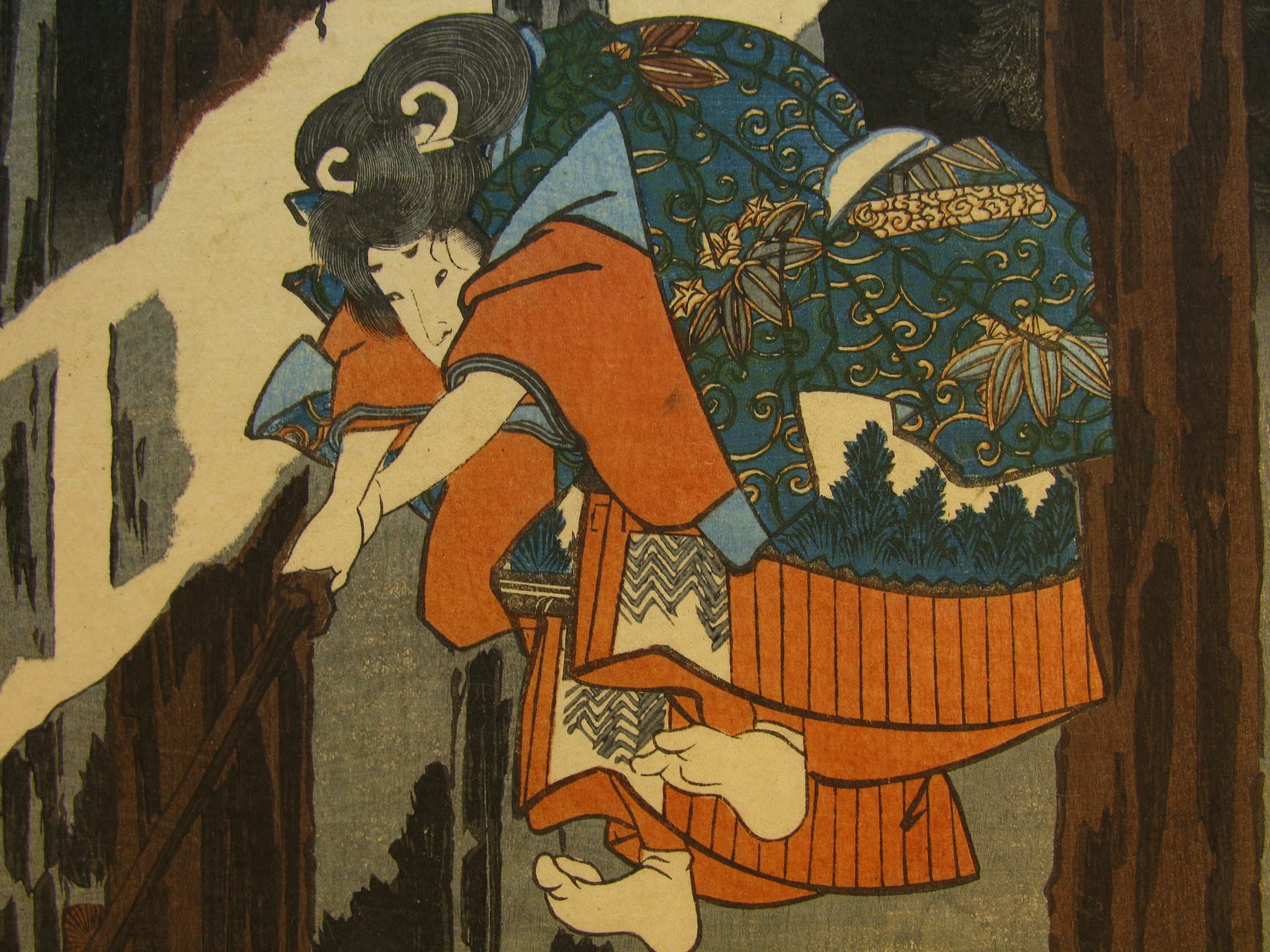 Kuniyoshi woodblock print - Ushiwaka Maru Studies the Martial Arts with Sôjô-bô - detail 01