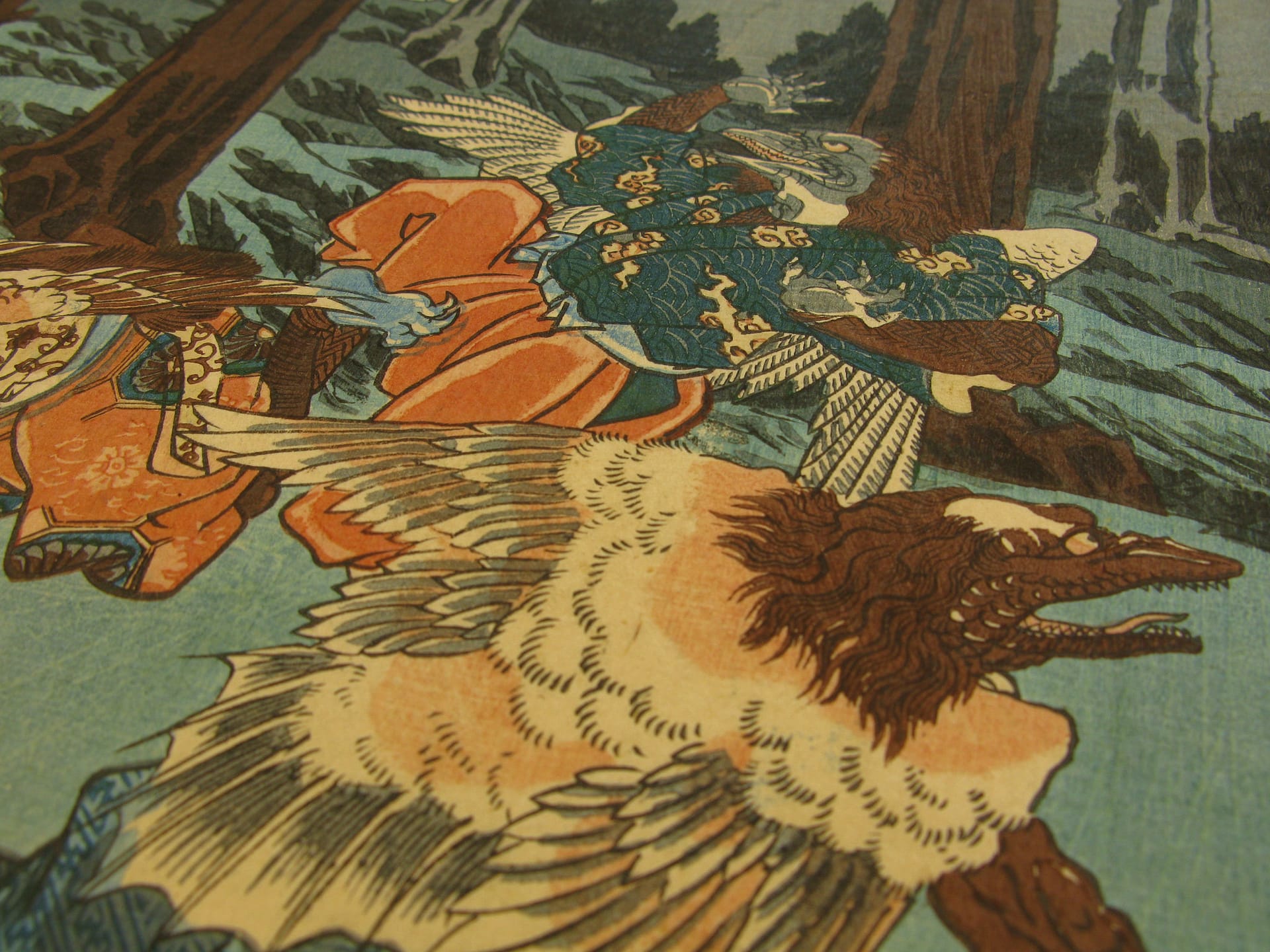 Kuniyoshi woodblock print - Ushiwaka Maru Studies the Martial Arts with Sôjô-bô - detail 02