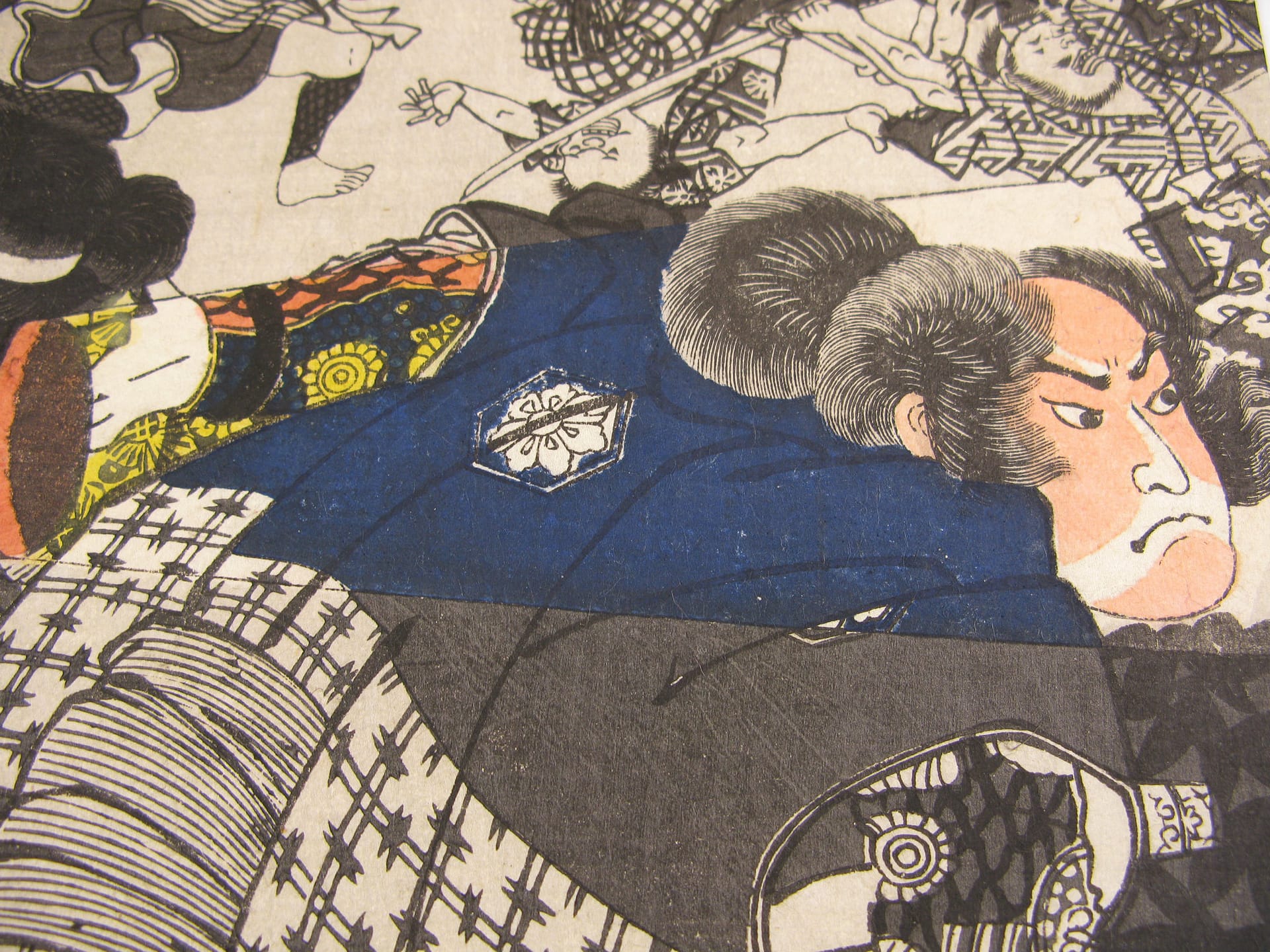 Kuniysohi woodblock print Yoshitsune fighting Chohan at the inn detail