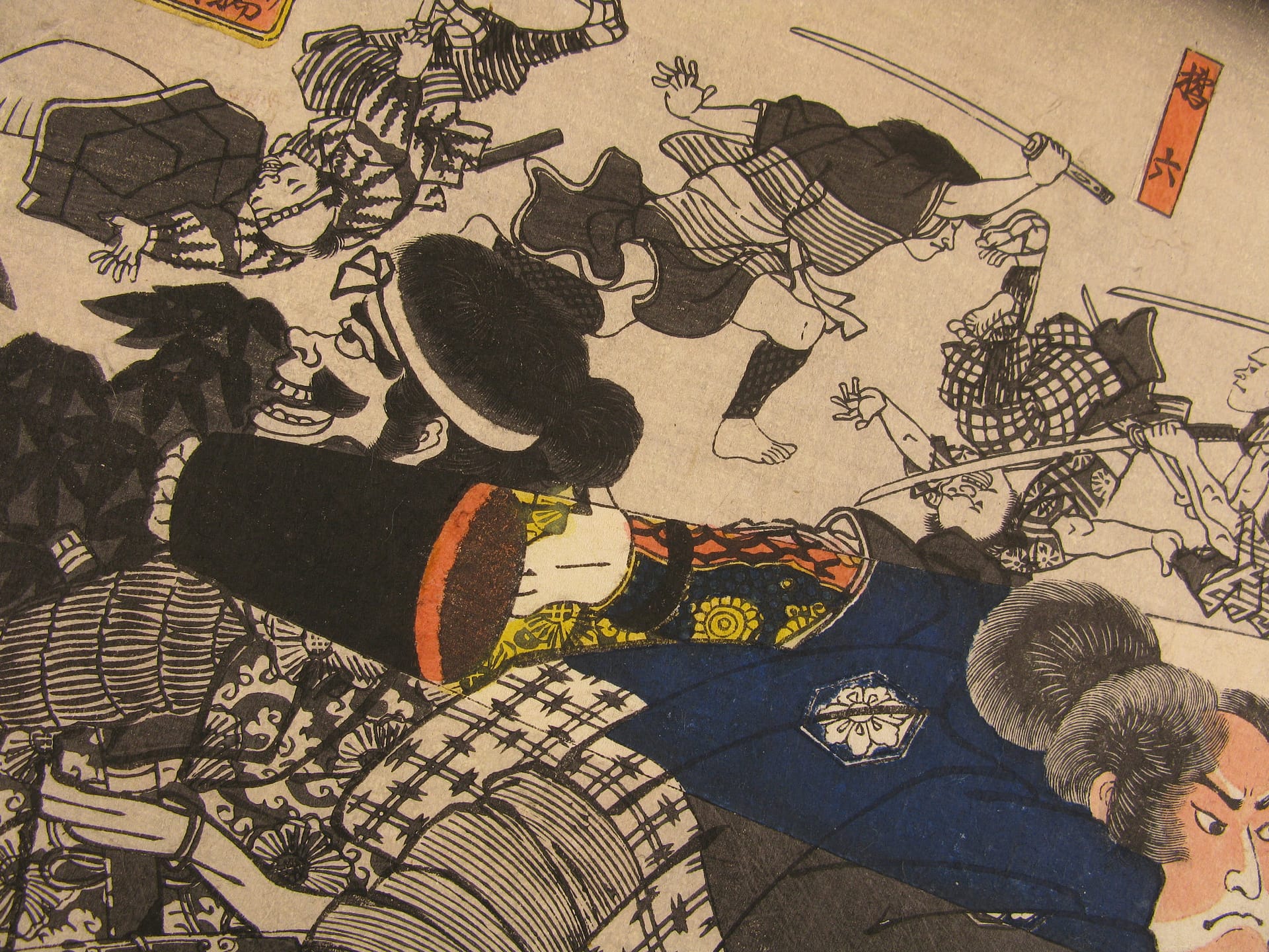 Kuniysohi woodblock print Yoshitsune fighting Chohan at the inn detail