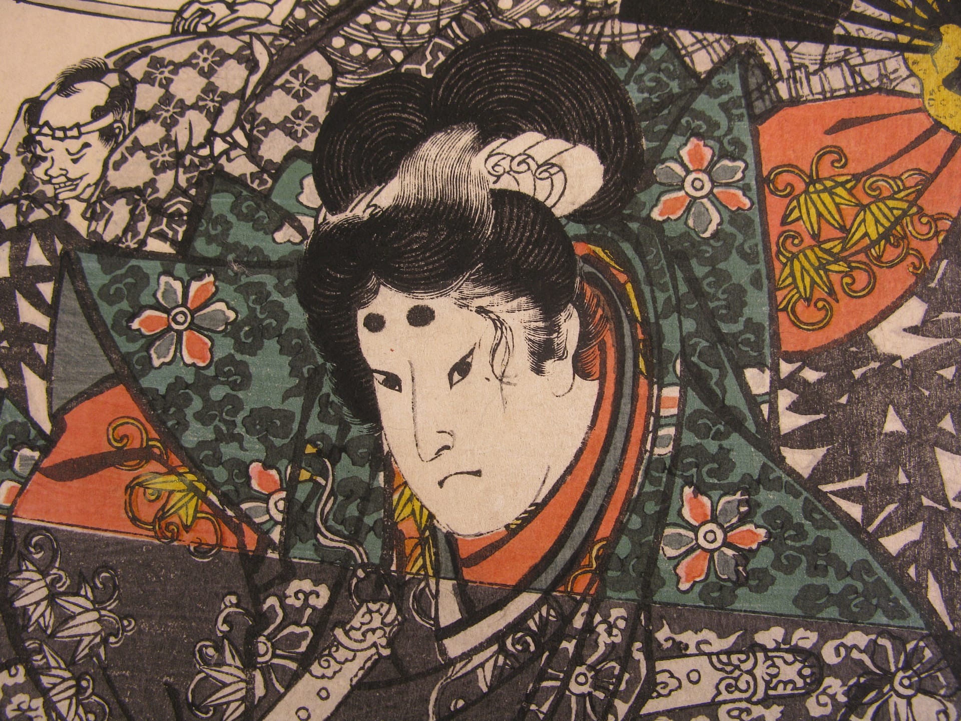 Kuniysohi woodblock print Yoshitsune fighting Chohan at the inn detail