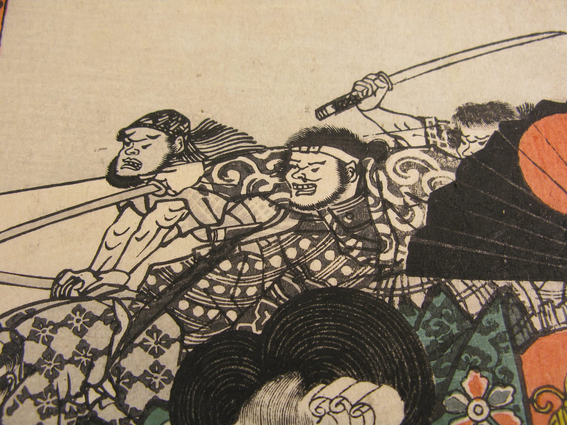 Kuniysohi woodblock print Yoshitsune fighting Chohan at the inn detail