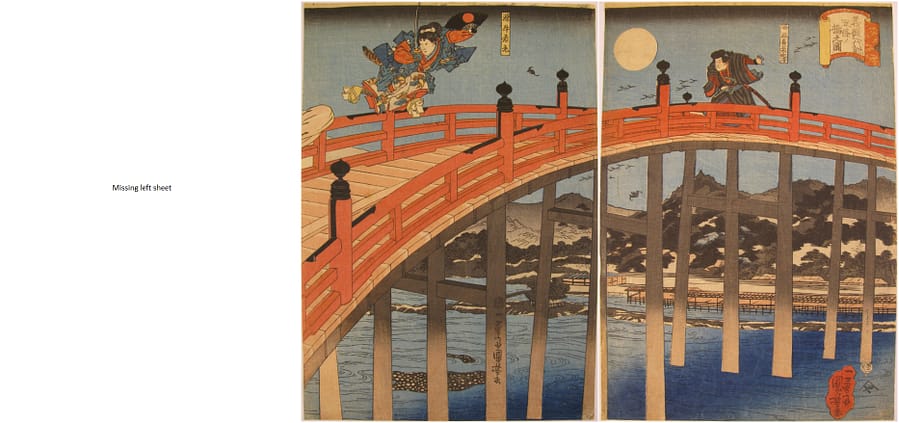 Kuniyoshi woodblock print - Yoshitsune fighting Benkei on Gojo bridge in the moonlight - triptych