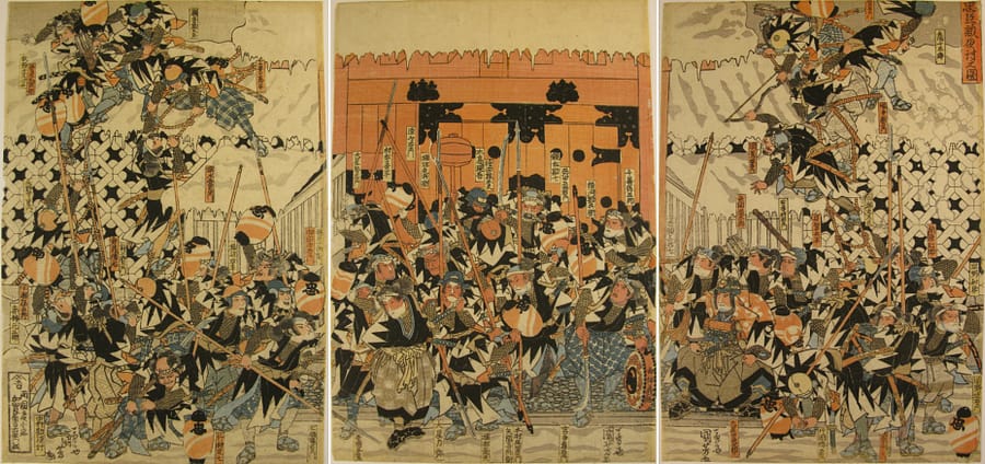 kuniyoshi woodblock print triptych 47 ronin over the wall T13