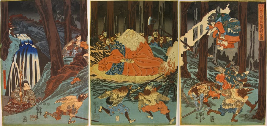 Kuniyoshi woodblock print - Ushiwaka Maru Studies the Martial Arts with Sôjô-bô - tritpych