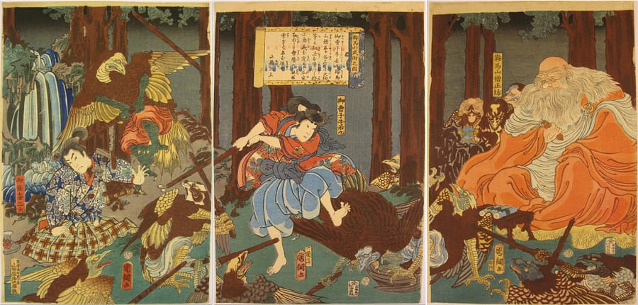 Kunitsuna - Ushiwakamaru training with the tengu - triptych
