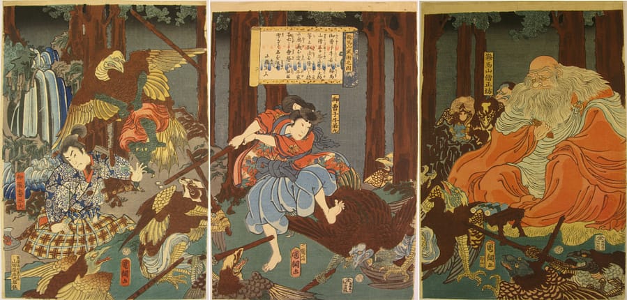 Kunitsuna woodblock print Ushiwaka Maru learning swordsmanship with Tengu 1859